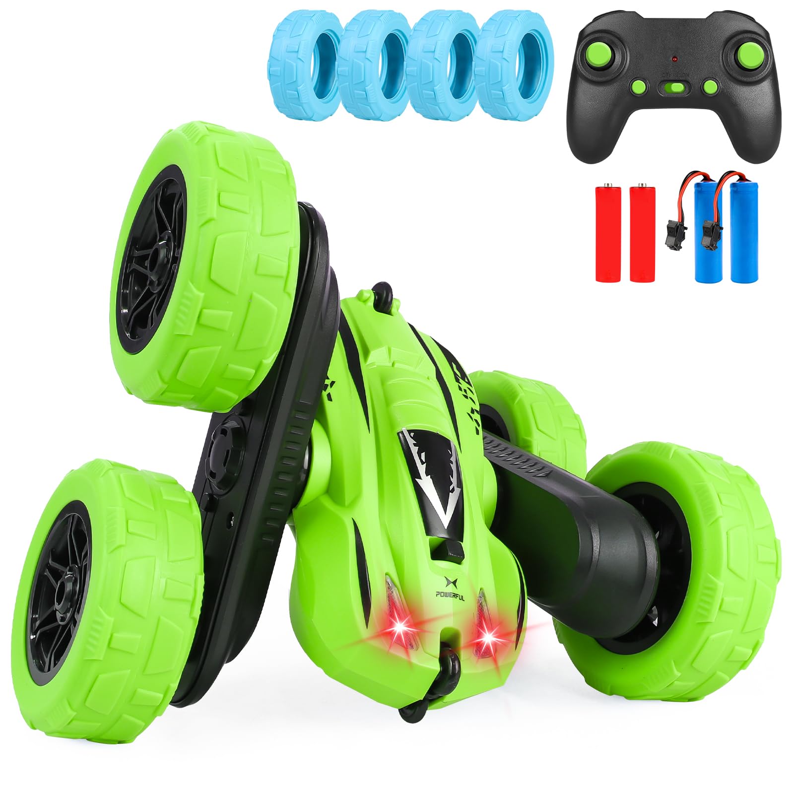 Deeak Remote Control Stunt Car 4WD Off-Road Crawler Toy with Lights, 360 Flips, Double-Sided Racing RC Vehicle for Boys & Girls Ages 4-8, Indoor/Outdoor Trick Car (Green)