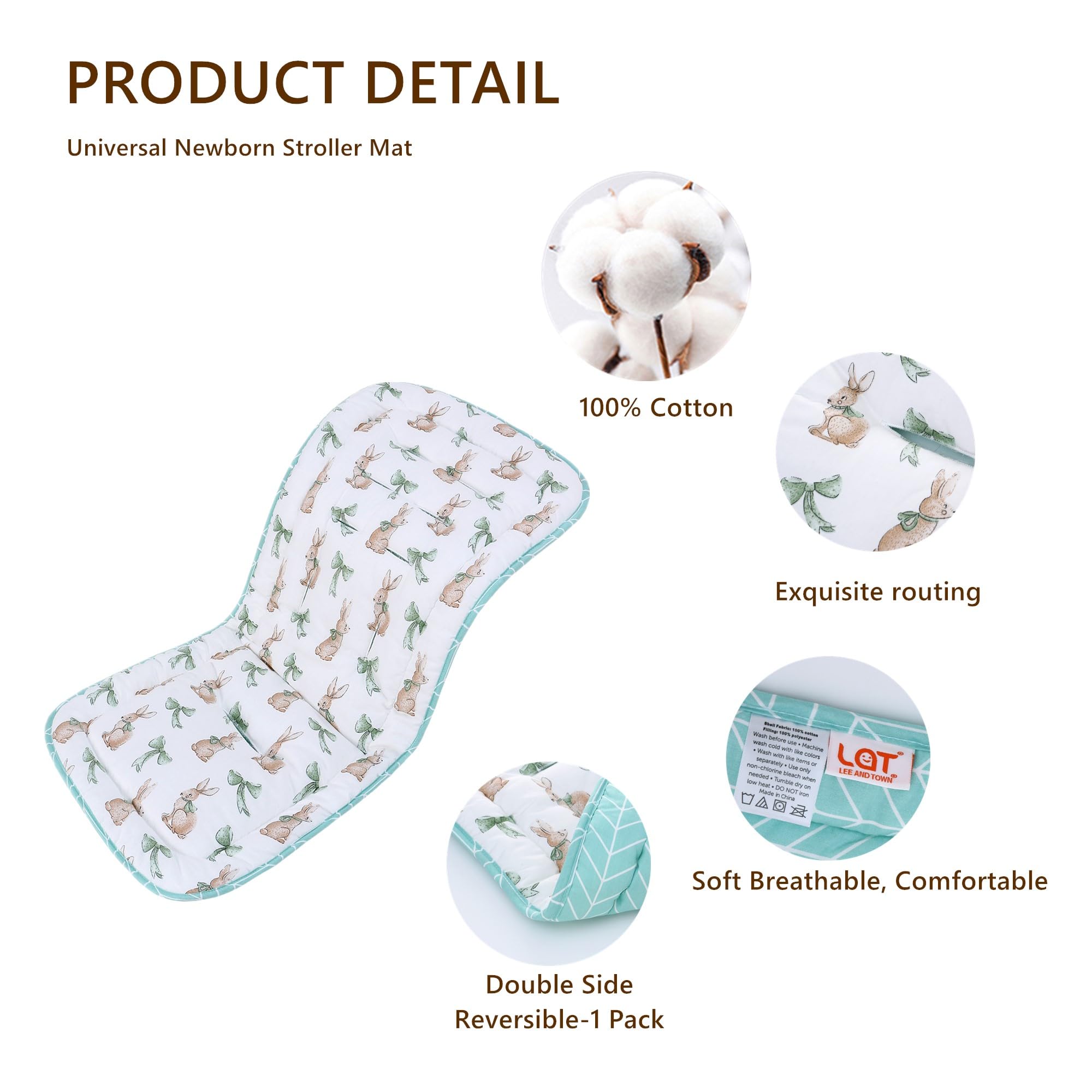 Baby Pushchair Seat Liners,Pram Liner Universal Fit for Most Pushchairs,100% Cotton Double-Sided Baby Stroller Cushion Pad,Stroller Seat Cover for Toddler Infant 1 Pack,78x34cm(Rabbit+Light Blue) - Image 3
