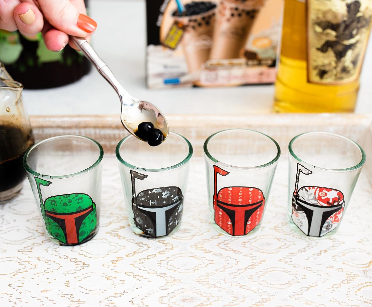 Star Wars Holiday Boba Fett 2.5-Ounce Mini Glass Cups, Set of 4 | Whiskey Shot Glasses, Home Barware For Liquor and Beverages, Kitchen Decor Essentials | Festive Collectibles