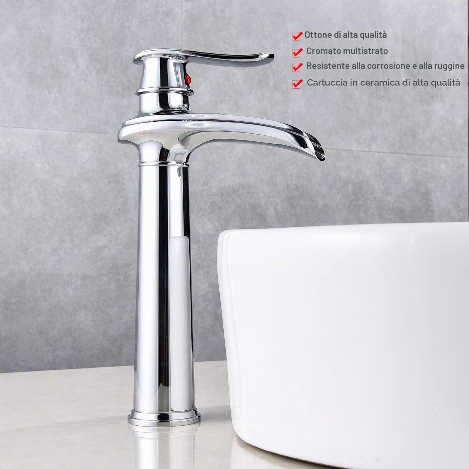 Rubinetto per lavabo, cromato alto, a cascata, in ottone anticato