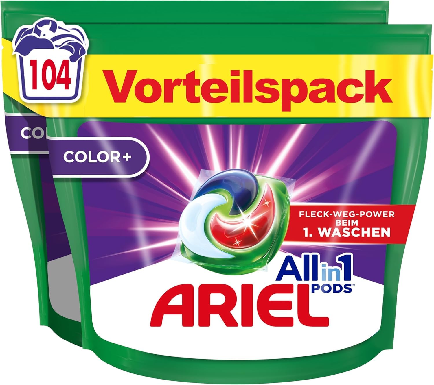 Ariel Waschmittel Pods All-in-1, Color+ Flüssigwaschmittel, 104 (2x52) Waschladungen, Kraftvolle Fleckenentfernung In Nur 1 Waschgang