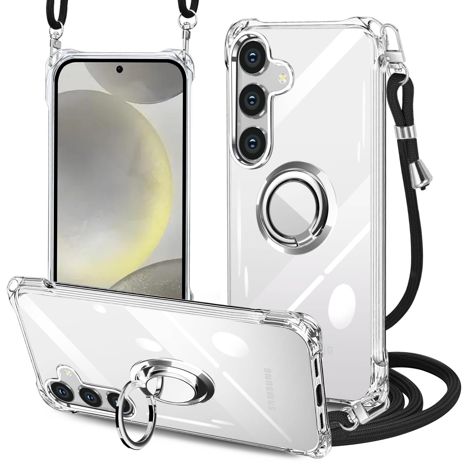PAILAIMEN Galaxy s24/s25 ケース クリア galaxy s25 カバー ネック リング付き ショルダー ケース 耐衝撃 対応 サムスン ギャラクシー S24/S25 ケース 肩掛け 斜めかけ 縄掛けケース 透明 TPU ストラップ付き 携帯ケース 薄軽型 紐付き ネックストラップ ショルダー 肩掛け 縦/横2WAY 長さ調整可能 取り外し可能（縄掛け-ブラック）