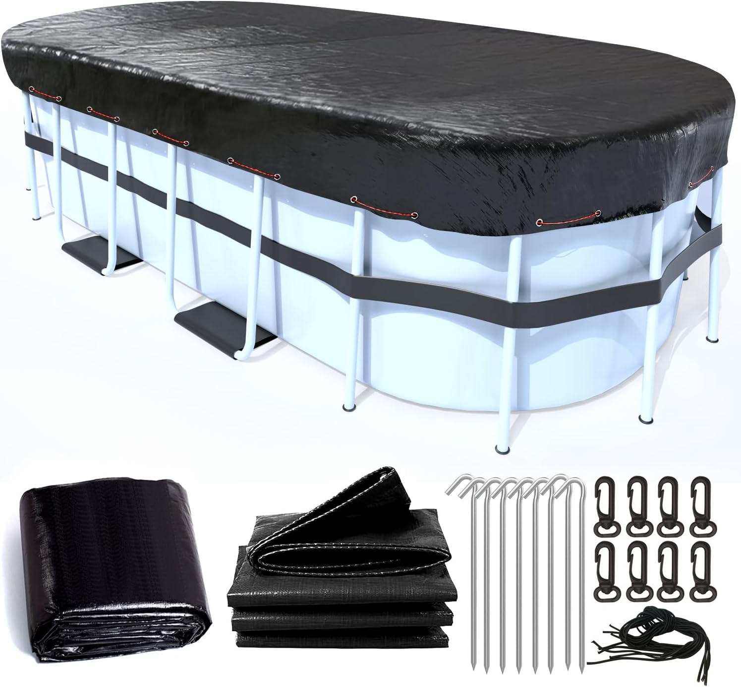 LXKCKJ Rectangular Pool Cover for Above Ground Pools, Winter Oval Pool Covers for Rectangular Frame Pools, Heavy Duty Solar Pool Cover Ideal for Waterproof and Dustproof (15x30 FT, Black)