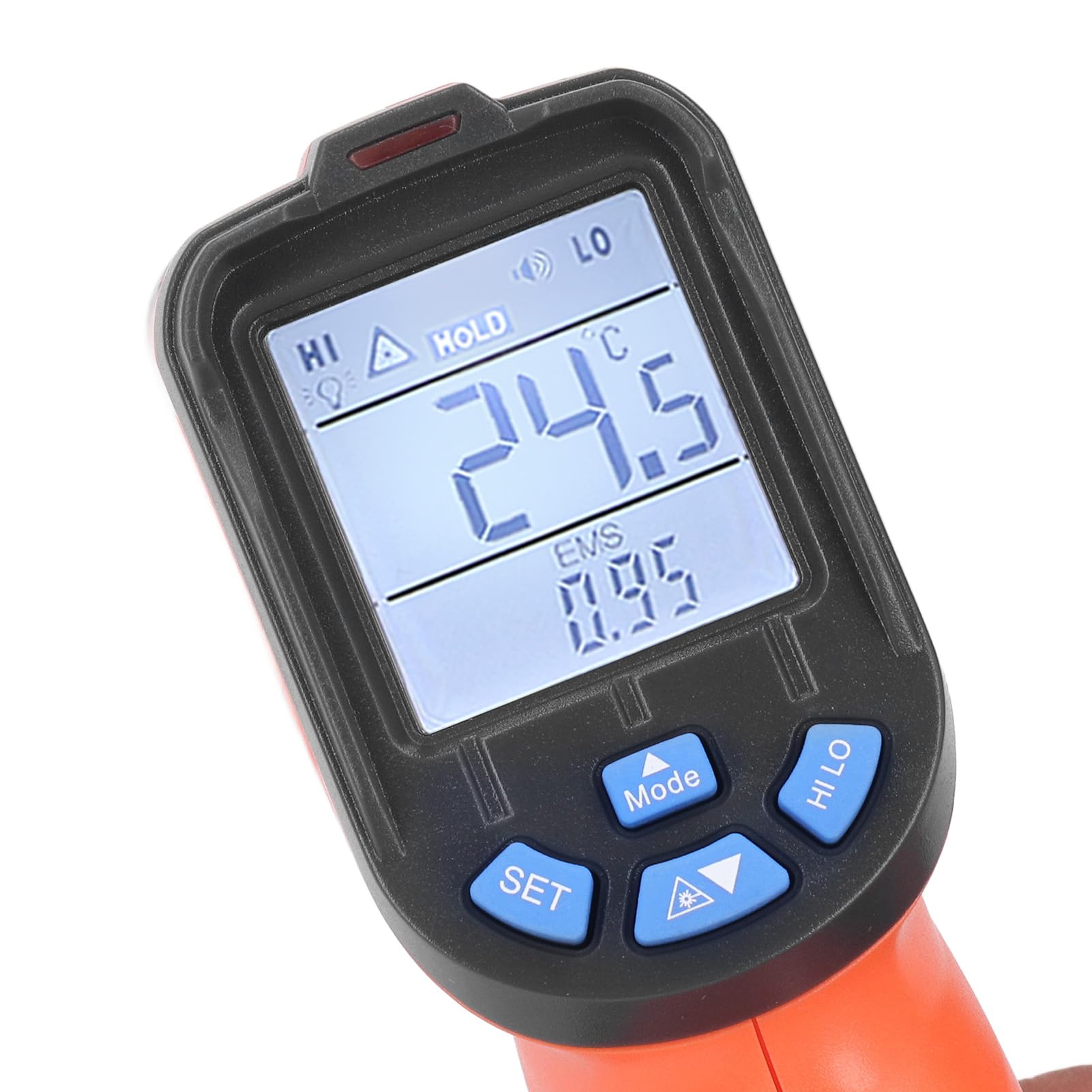 Ręczny termometr na podczerwień do przemysłowego pomiaru temperatury — bezkontaktowy pistolet temperaturowy z podświetlanym ekranem LCD i regulowaną emisyjnością — dokładność ±5