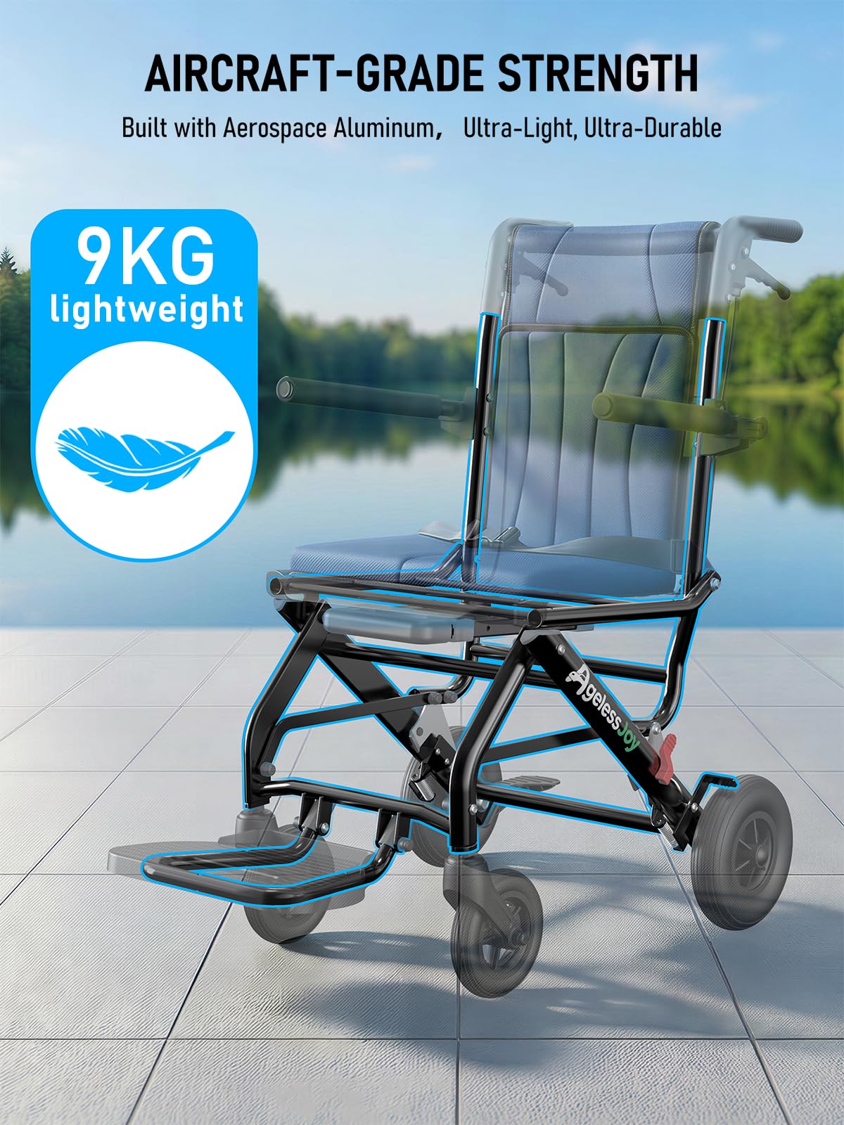 AGELESSJOY Fauteuil roulant pliable léger pour Adultes, Chaise de Transport en Aluminium Ultra-Légère et Pliable avec Poignée Télescopique, Compact et Portable pour Seniors (Bleu) - 3