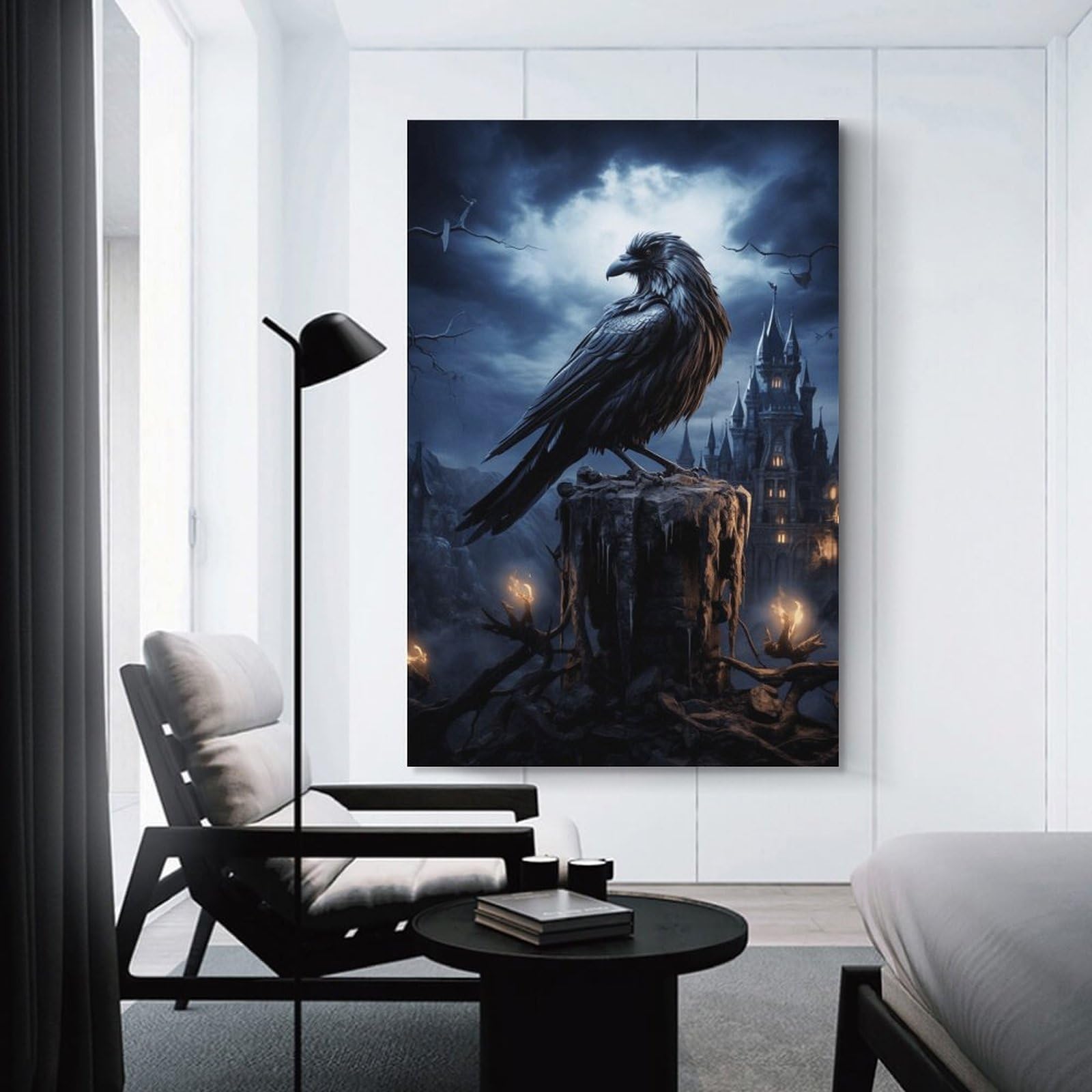 Junmoney Unframe-Style-3 Dark Fantasy Raven Castle Art Print Canvas Wall Picture, 24X36inch(60X90cm), For Study, Office Or Focused Interiors, Home Office Artwork With Decorative Appeal