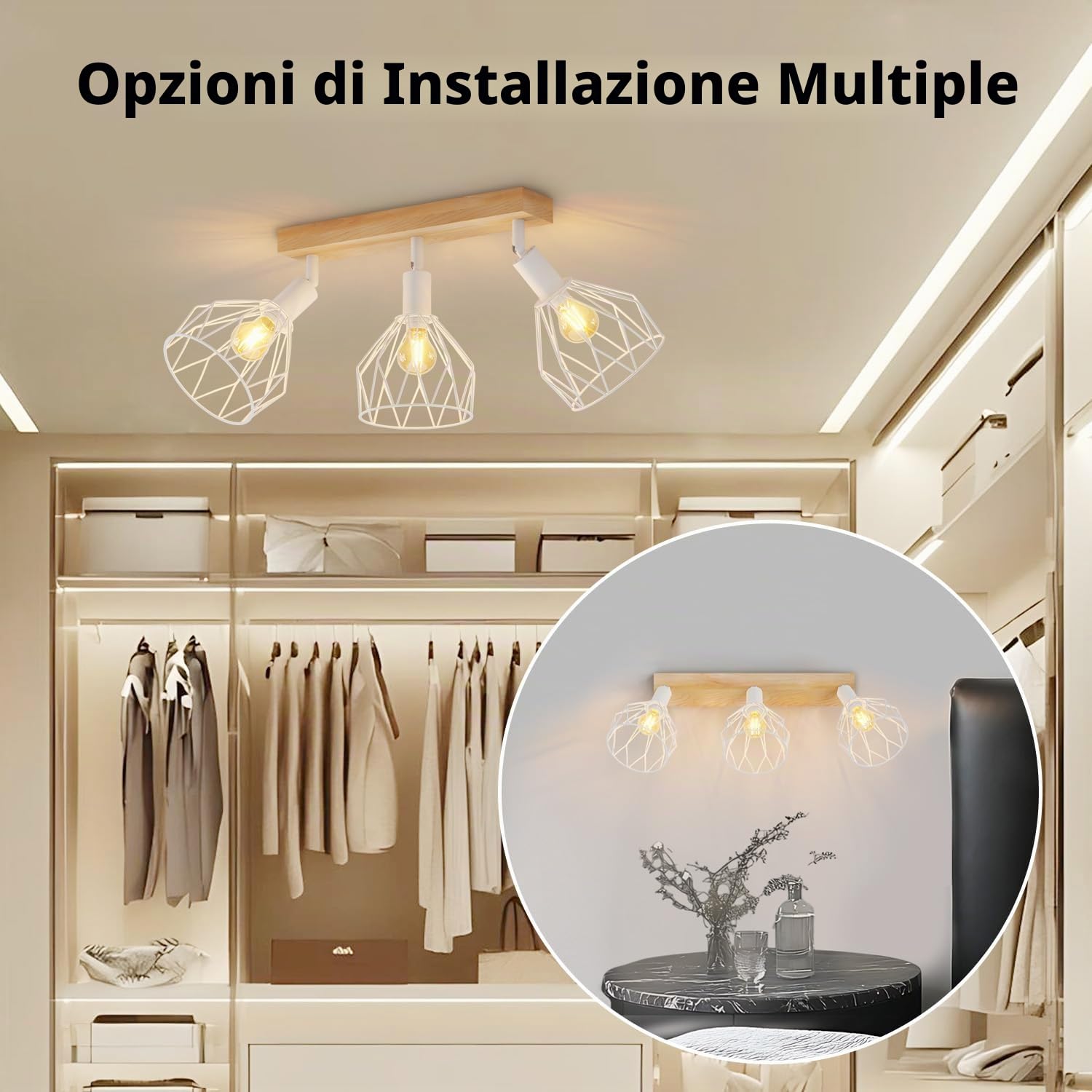 LVWIT Faretti LED da Soffitto Orientabili Bianco, Faretto da Interno con 3 Lampadine LED E14, Base di Legno, Faretti Soffitto Retrò per Barra, Salotto,Cameretta, Cucina (Lampadine Escluse)