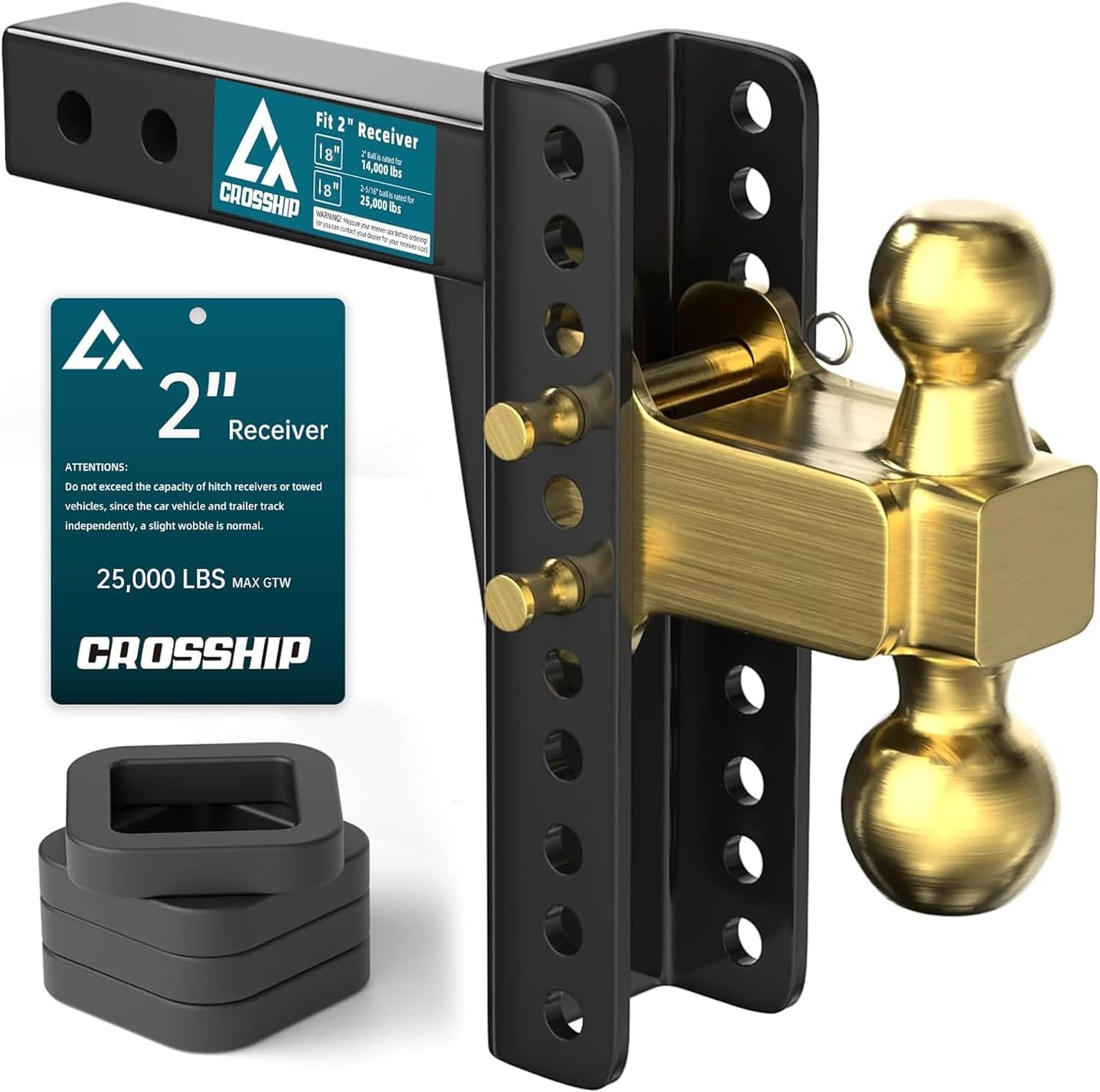 Adjustable Trailer Hitch Ball Mount - Fits 2'' Receiver, 8 Inch Drop/Rise Drop Hitch with 2'' & 2-5/16'' Solid Dual Balls 25,000 LBS GTW - Heavy Duty Truck with Pins, 88003