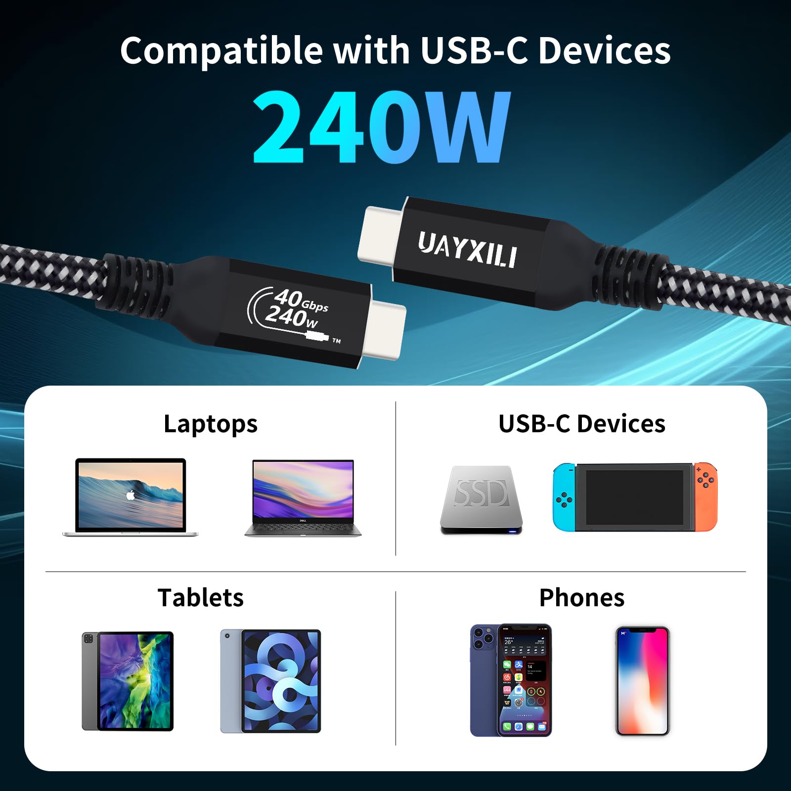 Cable USB 4 de 10 pies para cable Thunderbolt 4 con carga rápida de 240 W, transferencia de datos de 40 Gbps y video de 8 K a 60 Hz, cable de datos USB 4/USB-C compatible con Thunderbolt 4/3,