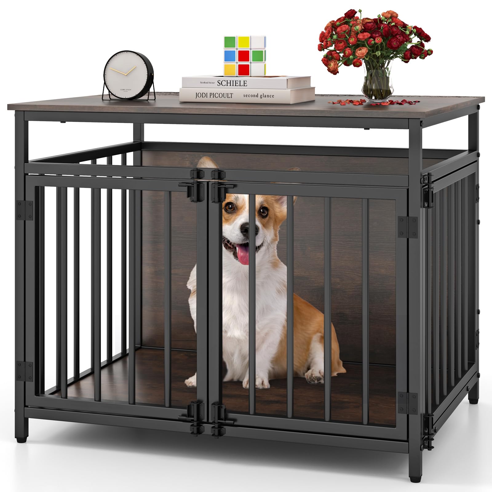 COSTWAY Hundekäfig Möbel, Hundebox für zuhause mit DREI Türen, Hundegitterbox Holz Indoor für kleine & mittelgroße Hunde, Beistelltisch aus Holz & Metall, 80 x 60 x 64 cm