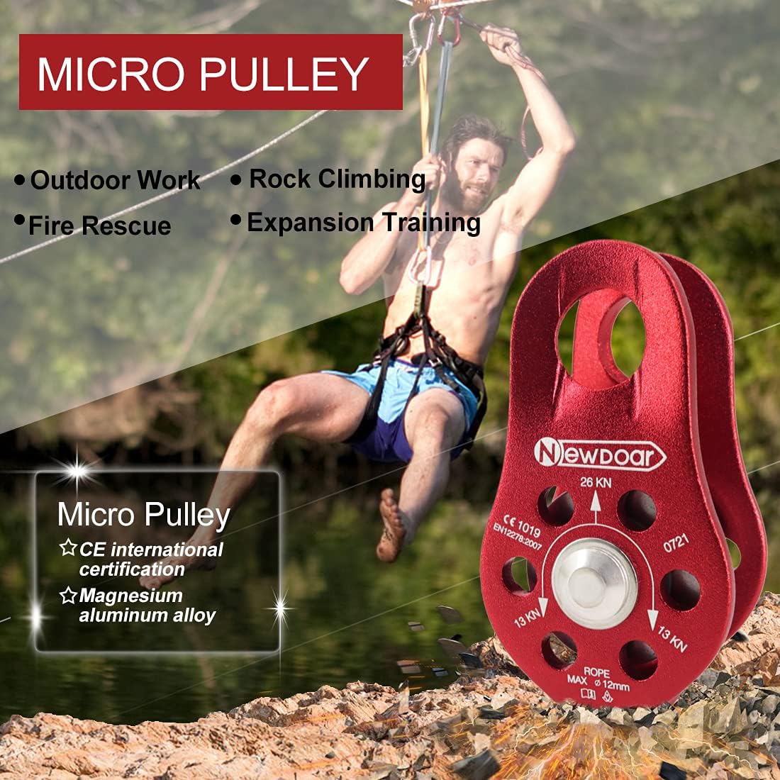 NewDoar Fixed Plate Micro Pulley,26KN CE Certified General Purpose Small Aluminum Rope Pulleys for Climbing/Aloft Work/Rappelling/Rescue Etc(26KN Red 2pcs) : Sports & Outdoors