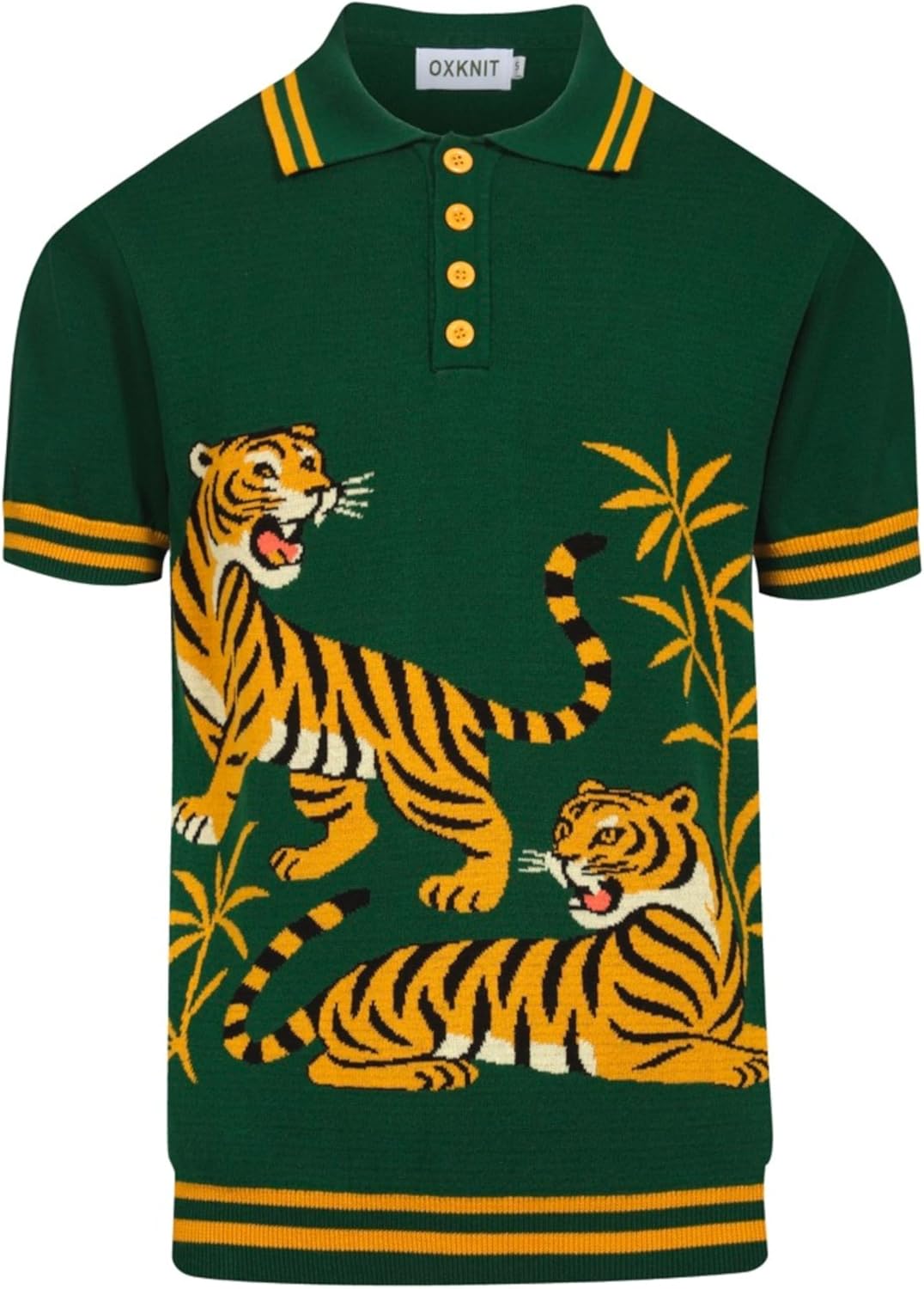 OXKNIT Knit Polo Shirt for Men, Retro Tiger Pattern Green Shirt Quarter Button Down Short Sleeve Men's Clothing