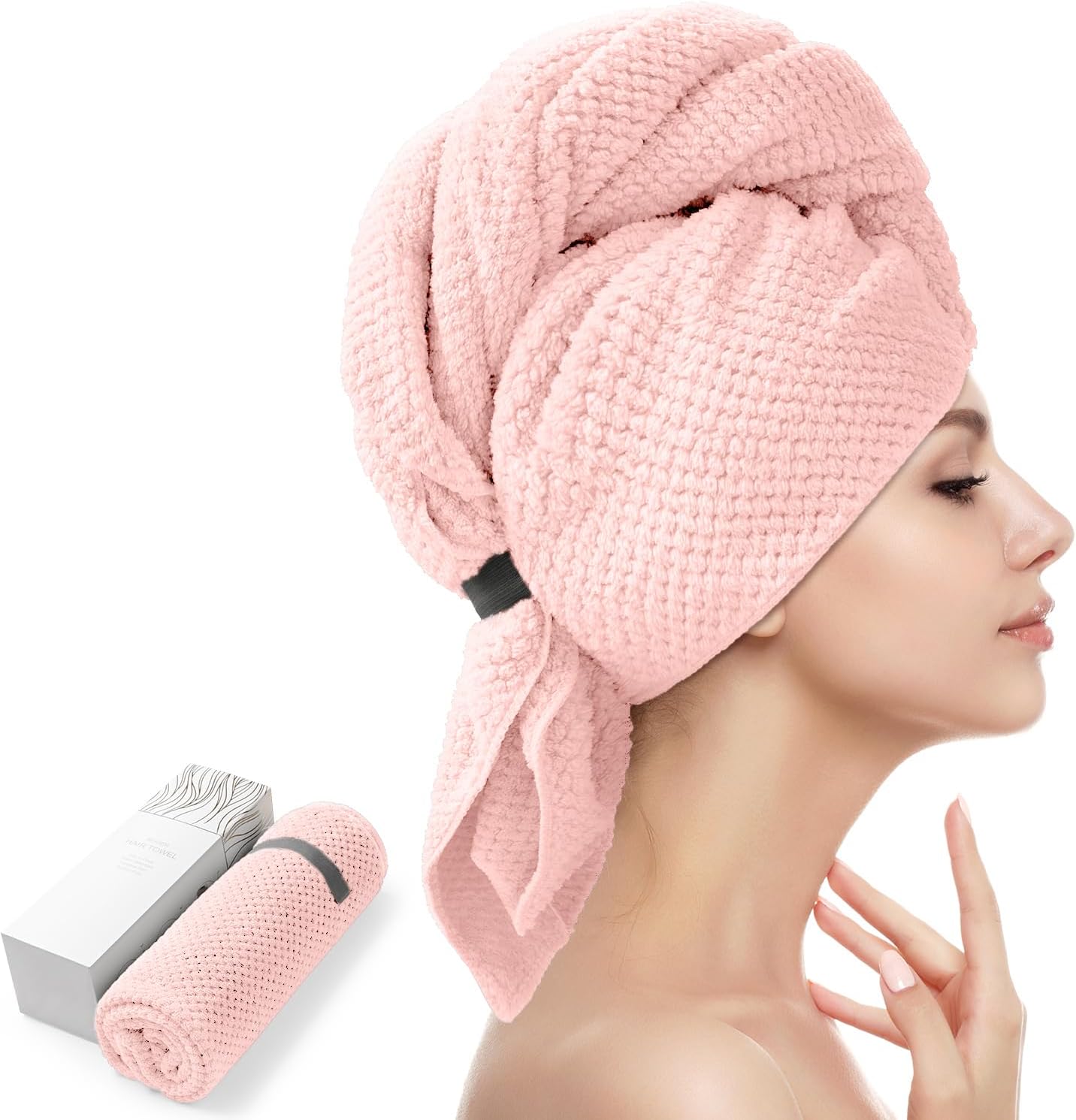 YFONG Large Hair Towel Wrap for Women, Super Absorbent Microfiber Hair Towel for Curly Hair, Fast Drying Hair Turbans with Elastic,Hair Drying Towel Wrap for Hair Care 26.3" X 40" (Pink)