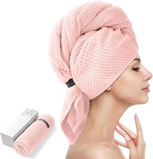 YFONG Large Microfiber Hair Towel Wrap for Women, 26" X 40" Super Absorbent | Fast Drying, Hair Turbans Secure Fit with Elastic Band, Hair Wrap for Long Curly Thick, Prevent Frizz, Soft Comfortable, Pink