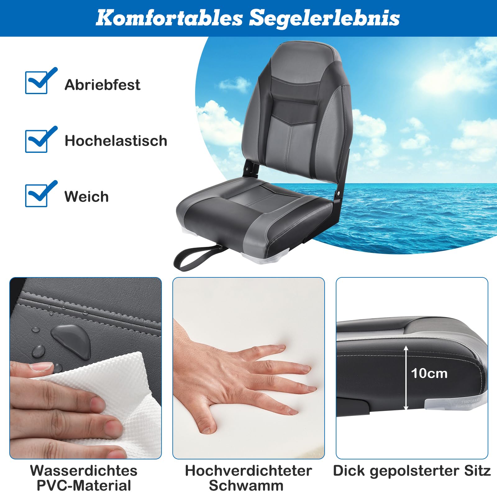 COSTWAY Hochlehner Bootssitz, klappbarer Bootsstuhl mit 10 cm dicker Schwammpolsterung, gepolsterter Steuerstuhl für Boote (Schwarz, Einzeln)