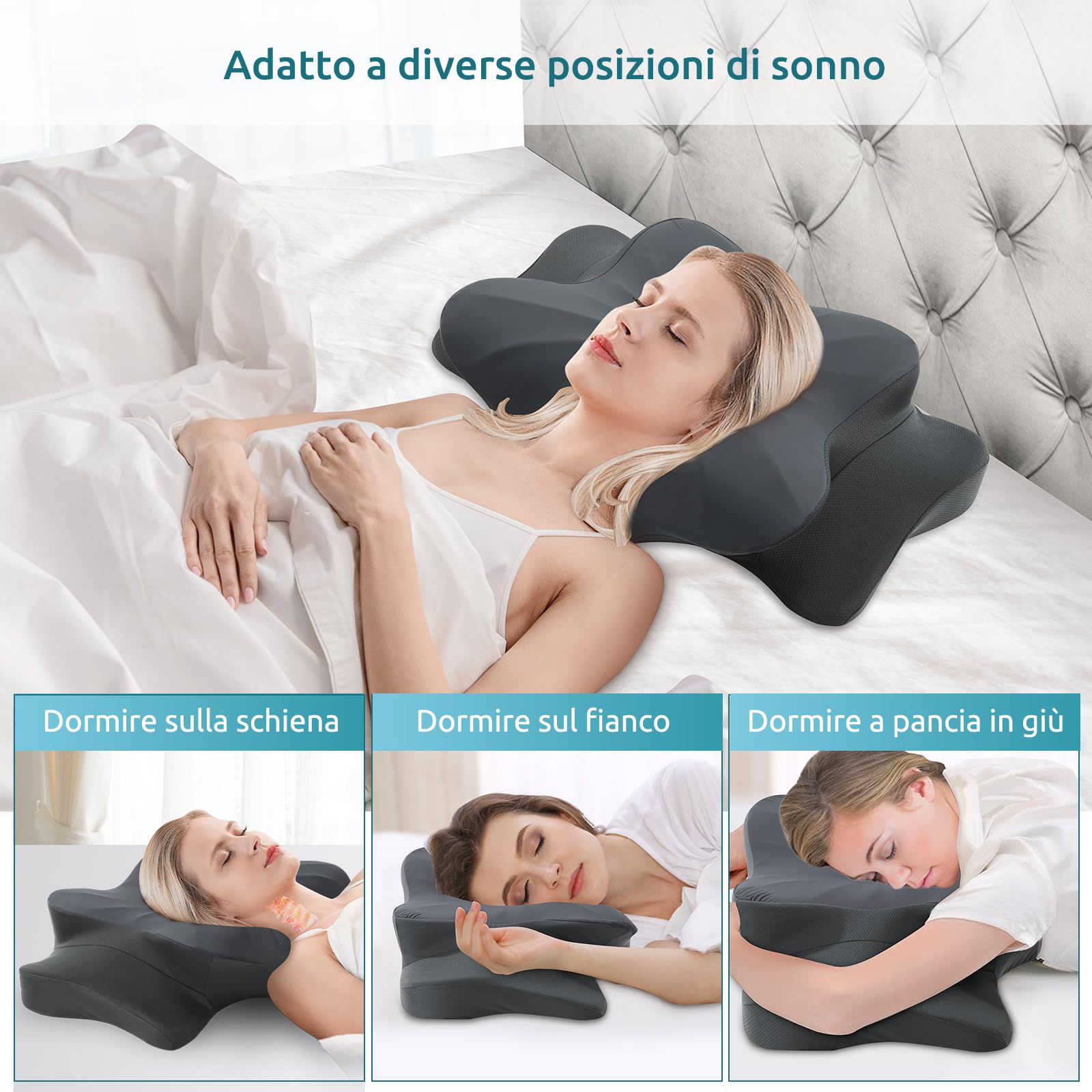 DONAMA Cuscino Cervicale per Dormire, Cuscino Ergonomico Cervicale per Dormitori Laterali, Supini e Proni, Cuscino per Cervicale con Federa Sfoderabile e Lavabile, 63 x 38 x 9/14 cm, Grigio Scuro