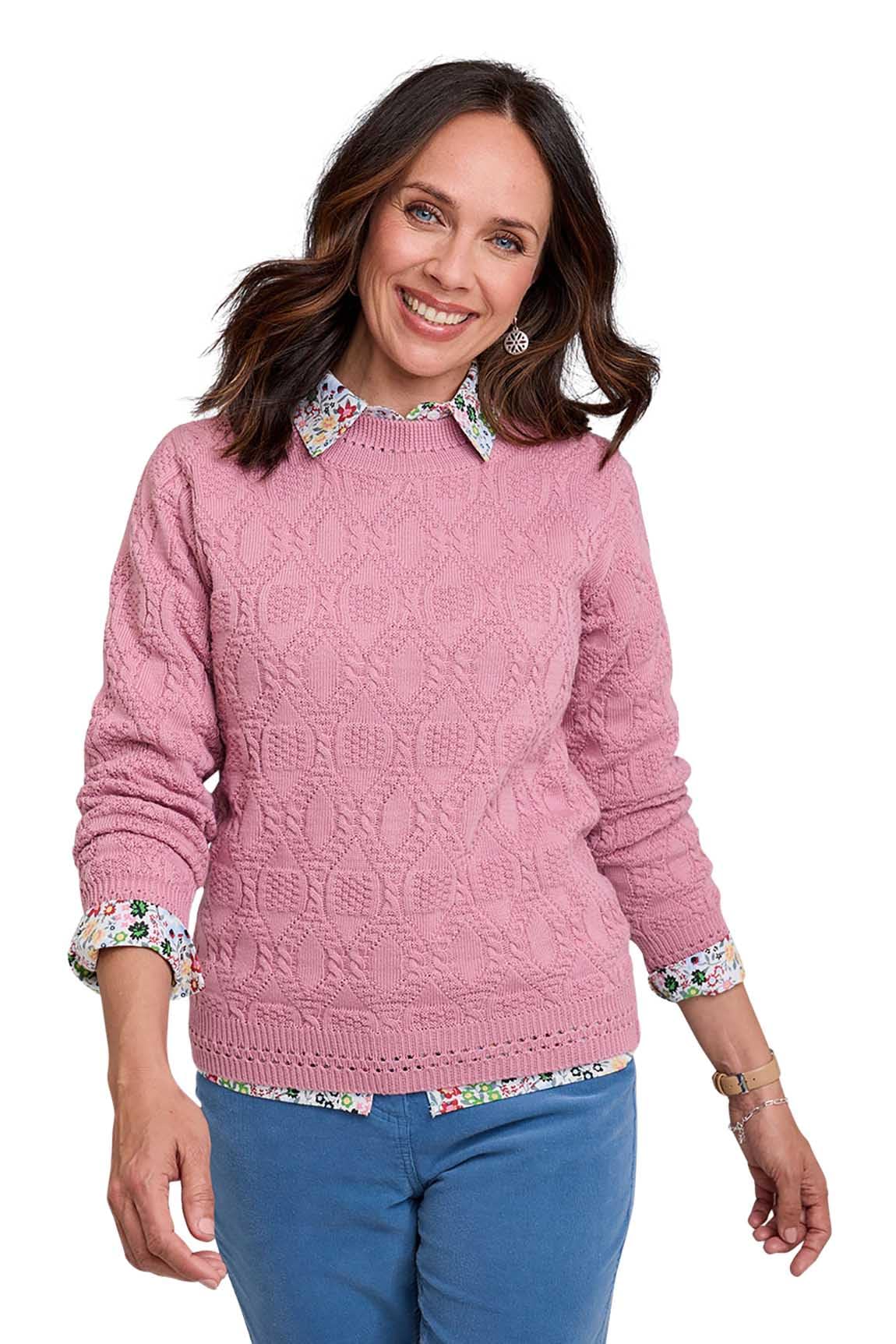 Chums Ladies Knit Cable & Diamond Jumper Dusky Pink 22-24