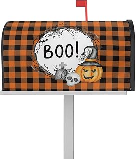 Mailbox Cover Magnetic Pumpkin Halloween Boo Orange Buffalo Plaid Mailbox Covers Standard Size 21x18in,Mailbox Covers Wrap Post Letter Box Cover for Garden Yard Outdoor Dead Branch Skull Tombstone