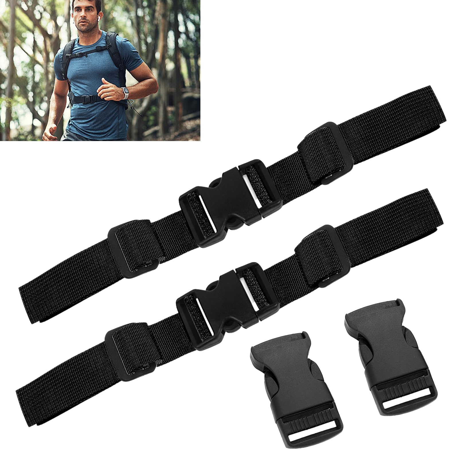 2 Pezzi Cintura Toracica Regolabile, 2.5cm Cinturino per Zaino Antiscivolo Resistente con Chiusura Rapida, Universale per Qualsiasi Zaino, per Jogging, Escursioni, Viaggi all'aperto (Nero)