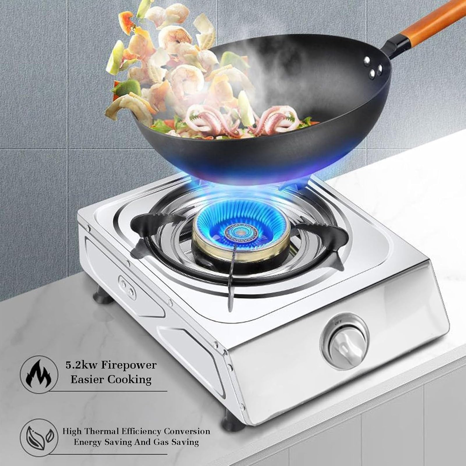 THEGA Estufa De Gas De 5,2 KW, con Nueve Cavidades Y Alto Fuego, Reguladores Interiores De Acero Inoxidable para Catering, con Protección contra El Apagado.(NG)