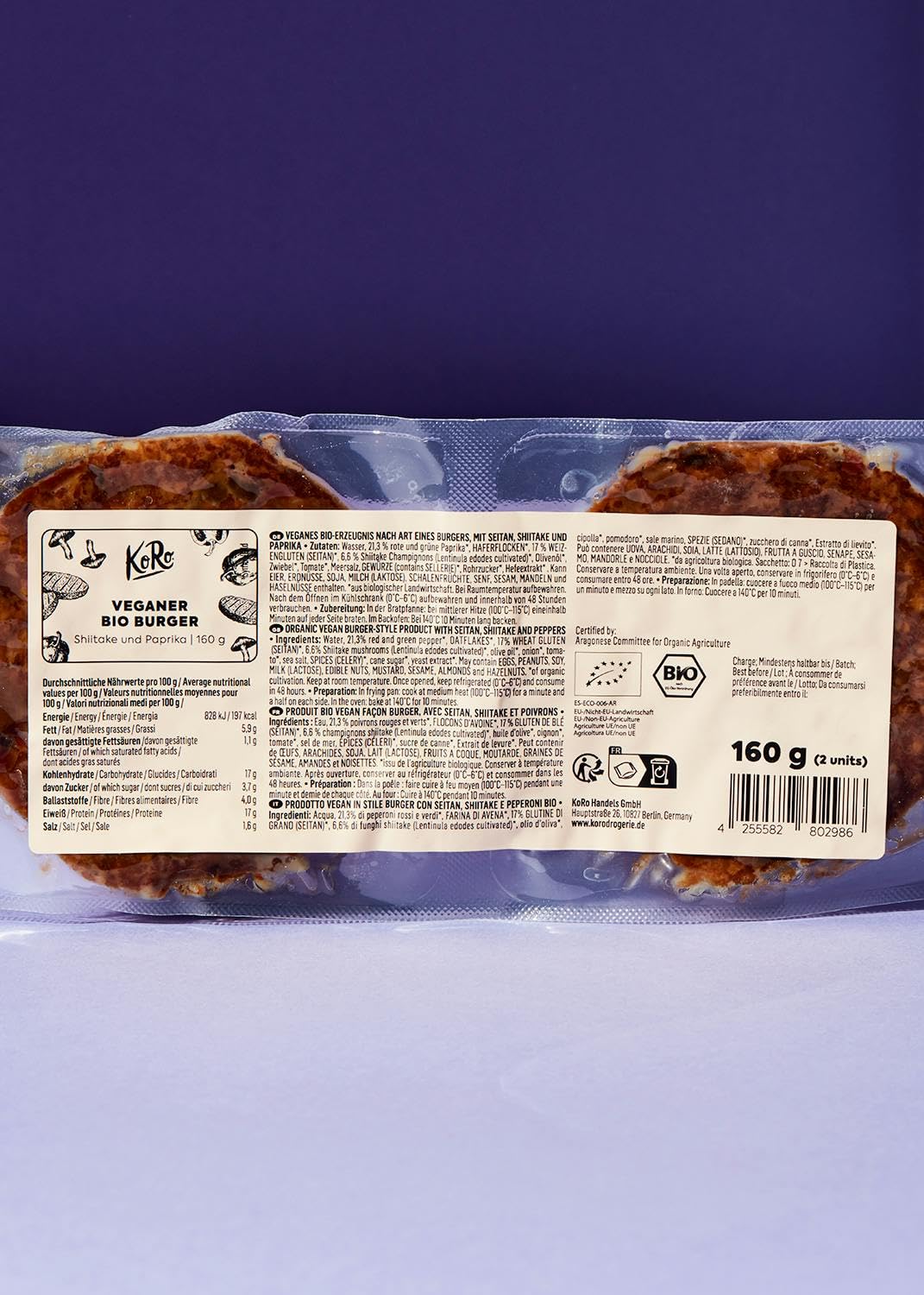 KoRo Veganer Bio Burger Shiitake und Paprika 12 x 160 g Proteinreiche Fleischalternative