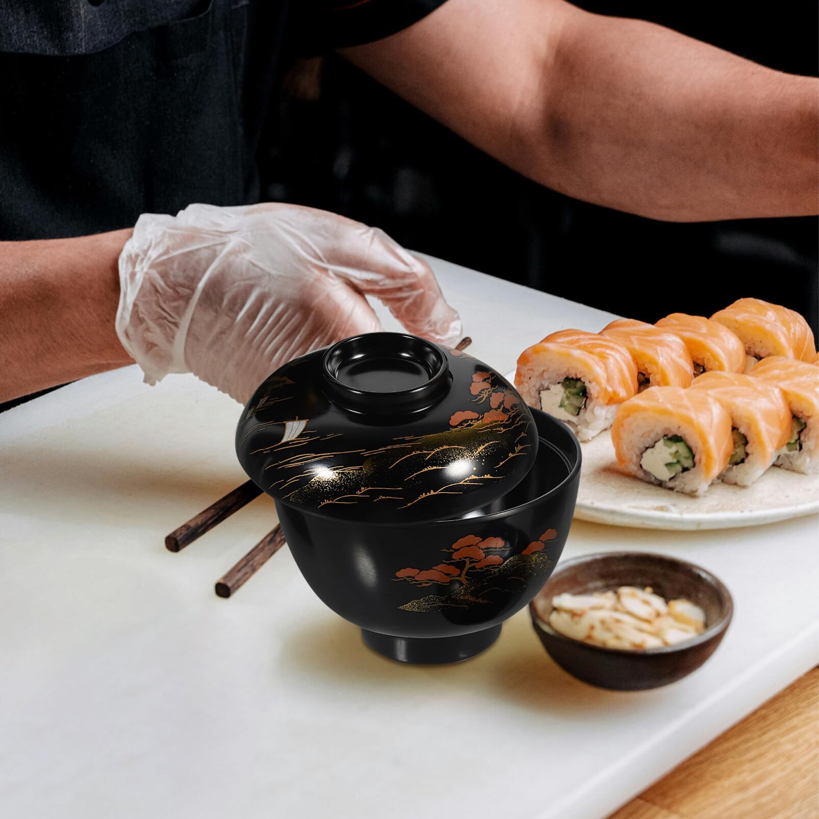 Kichvoe Miso Bol à soupe avec couvercle, bol à riz japonais en mélamine traditionnel, bol à soupe ramen en plastique laqué pour la cuisine, noir