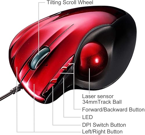 Miniatura 2 de SANWA Ratón ergonómico con cable ratones Rollerball para computadora sensor láser Trackball de 1339in 40080012001600 DPI ajustable 5 botones