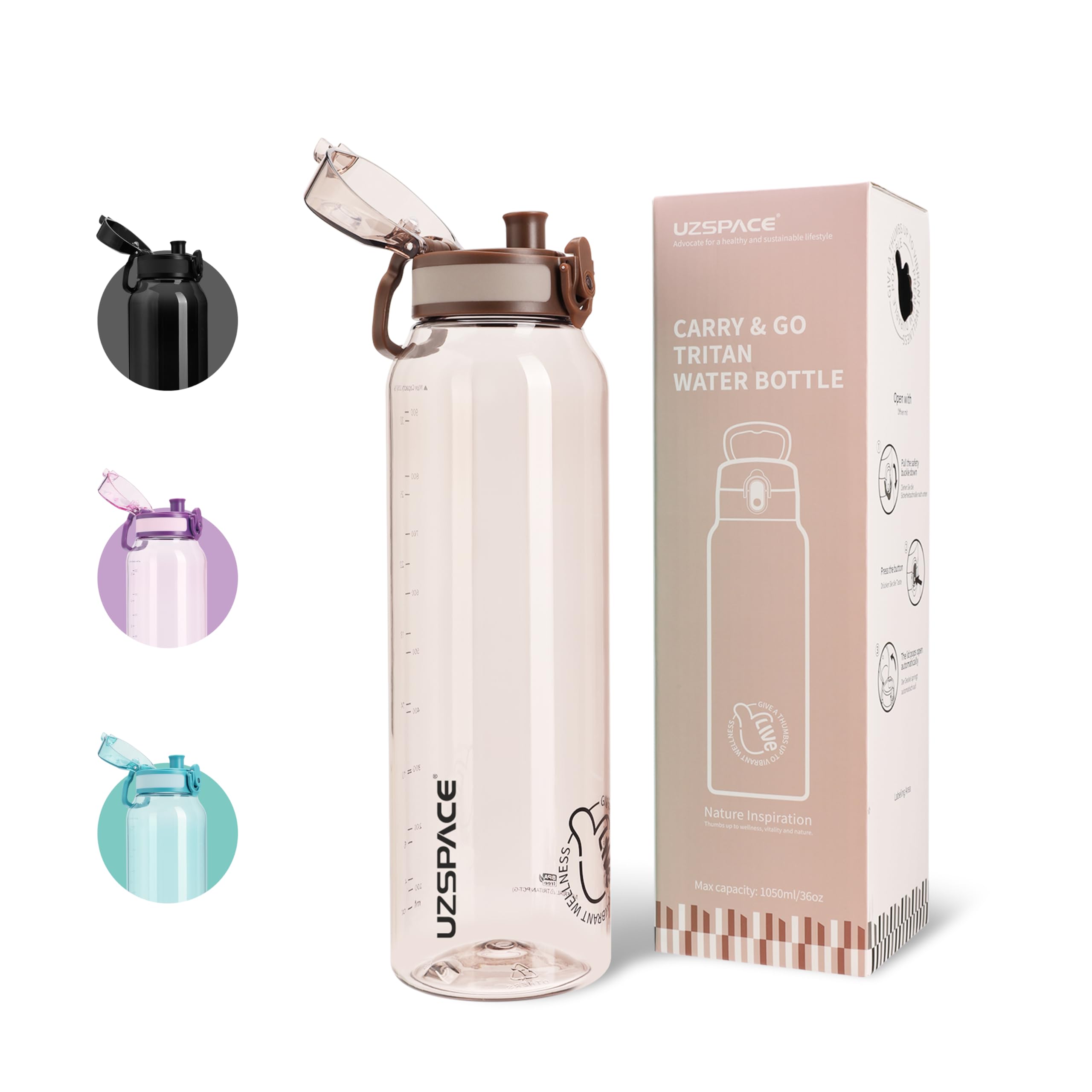 UZSPACE Drinking Bottle 1 Litre Sports Water Bottle, Suitable for Carbonated Drinks, Leak-Proof Bottle, Dishwasher Safe, One Click Opening, BPA-Free, Sports Bottle for Arbiet Gym Bicycle Fitness-image-33