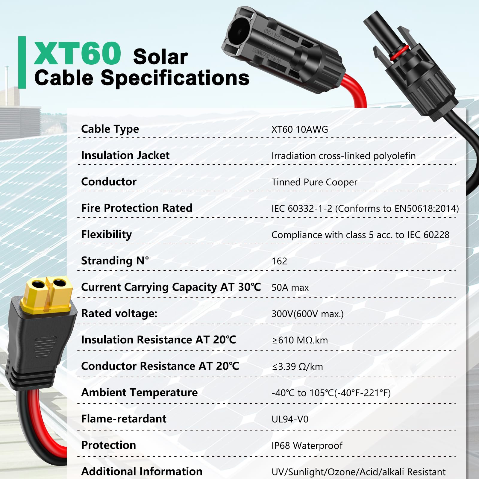 Cable de extensión solar XT60 de 10 AWG de 50 pies para estación de energía portátil | Cable adaptador XT60 de cobre estañado, conector de panel solar para RV, carga de batería, generador solar, certificado TUV