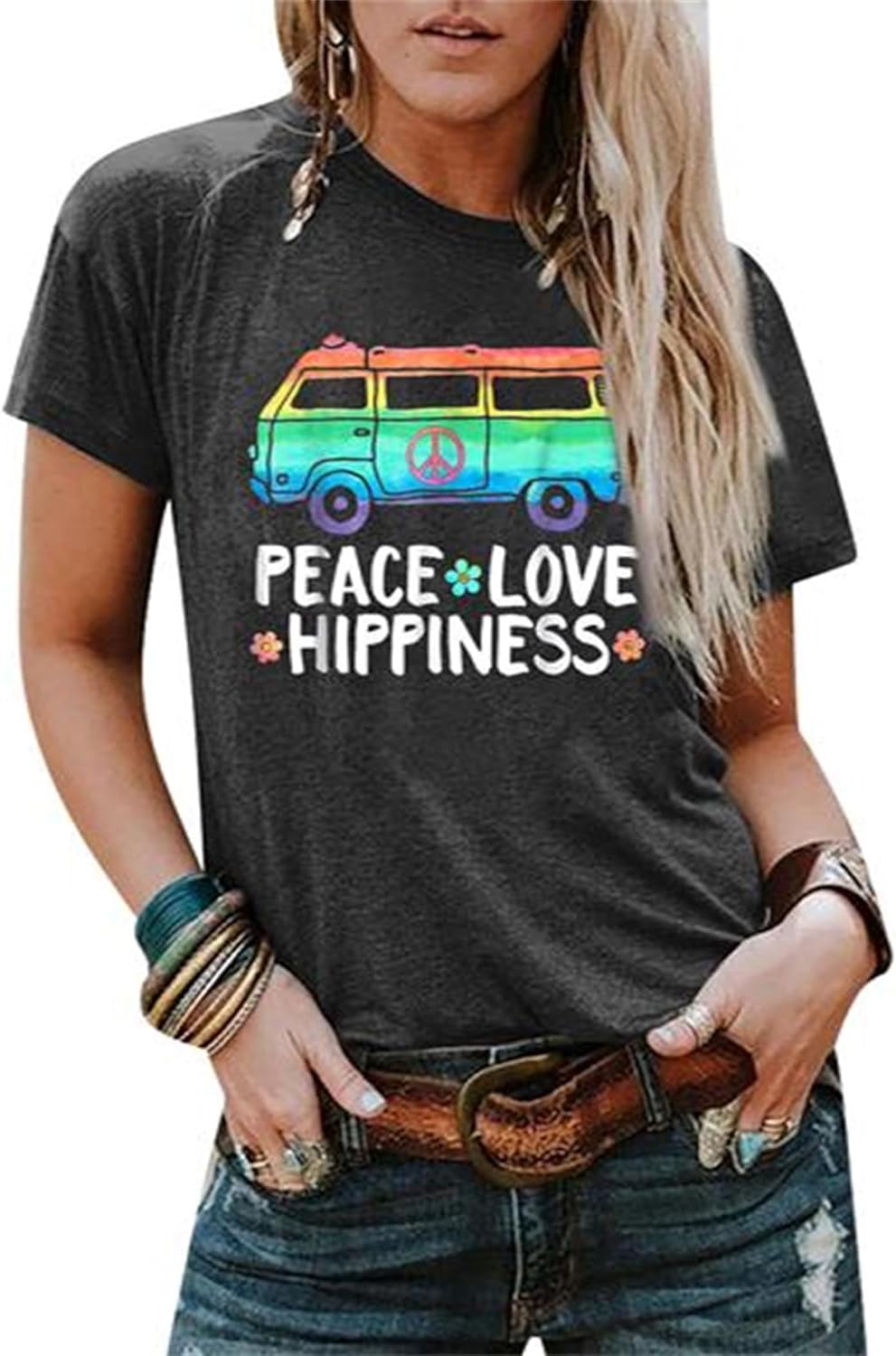 Peace Love T Shirt for Women Hippie Shirts Vintage Graphic Tees Hippy Gifts Tops Short Sleeve Tee Shirts