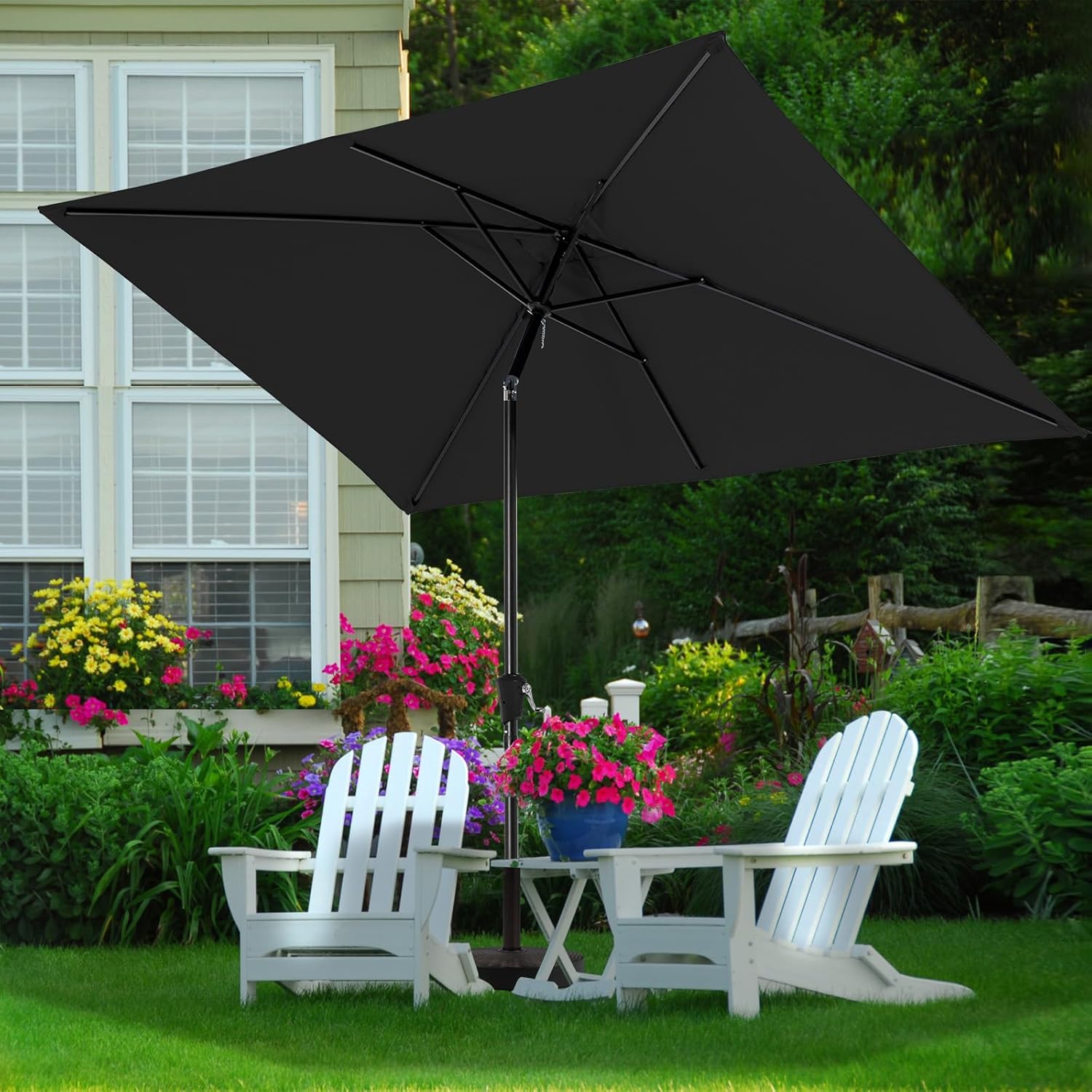 MEWAY Rectangular Patio Umbrella Outdoor Umbrella with Push Button Tilt and Crank Lift System, Market Umbrella 6 Sturdy Ribs UV Protection for Table, Deck, Pool, Backyard, Garden(6.5x10 ft, Black)