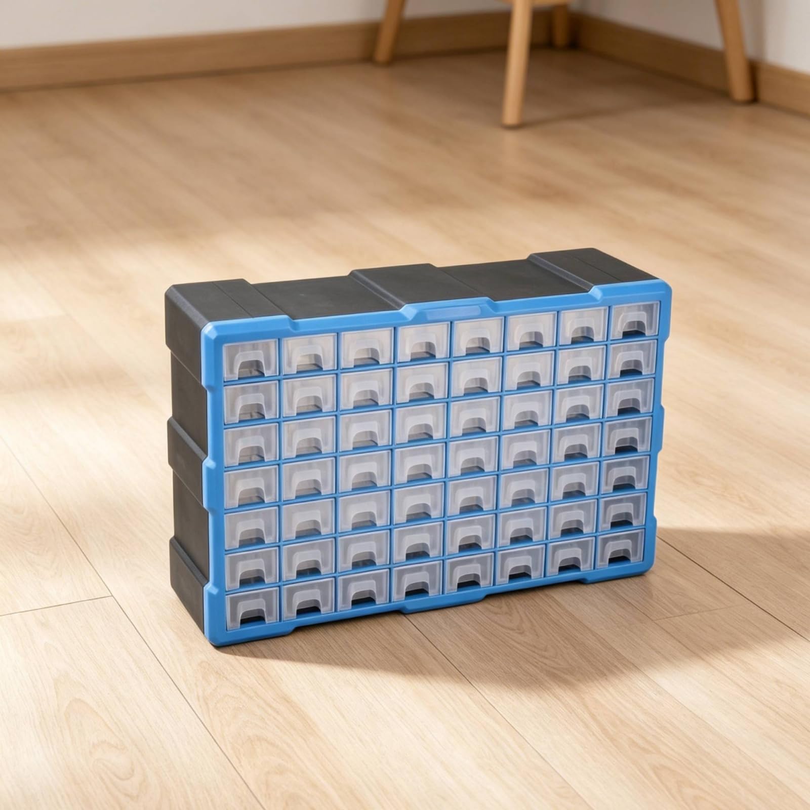 Organizador de Componentes con 64 Cajones Transparentes Gabinete de Almacenamiento Cajonera de Piezas Archivador de Tornillos Distribución Eficiente, Azul