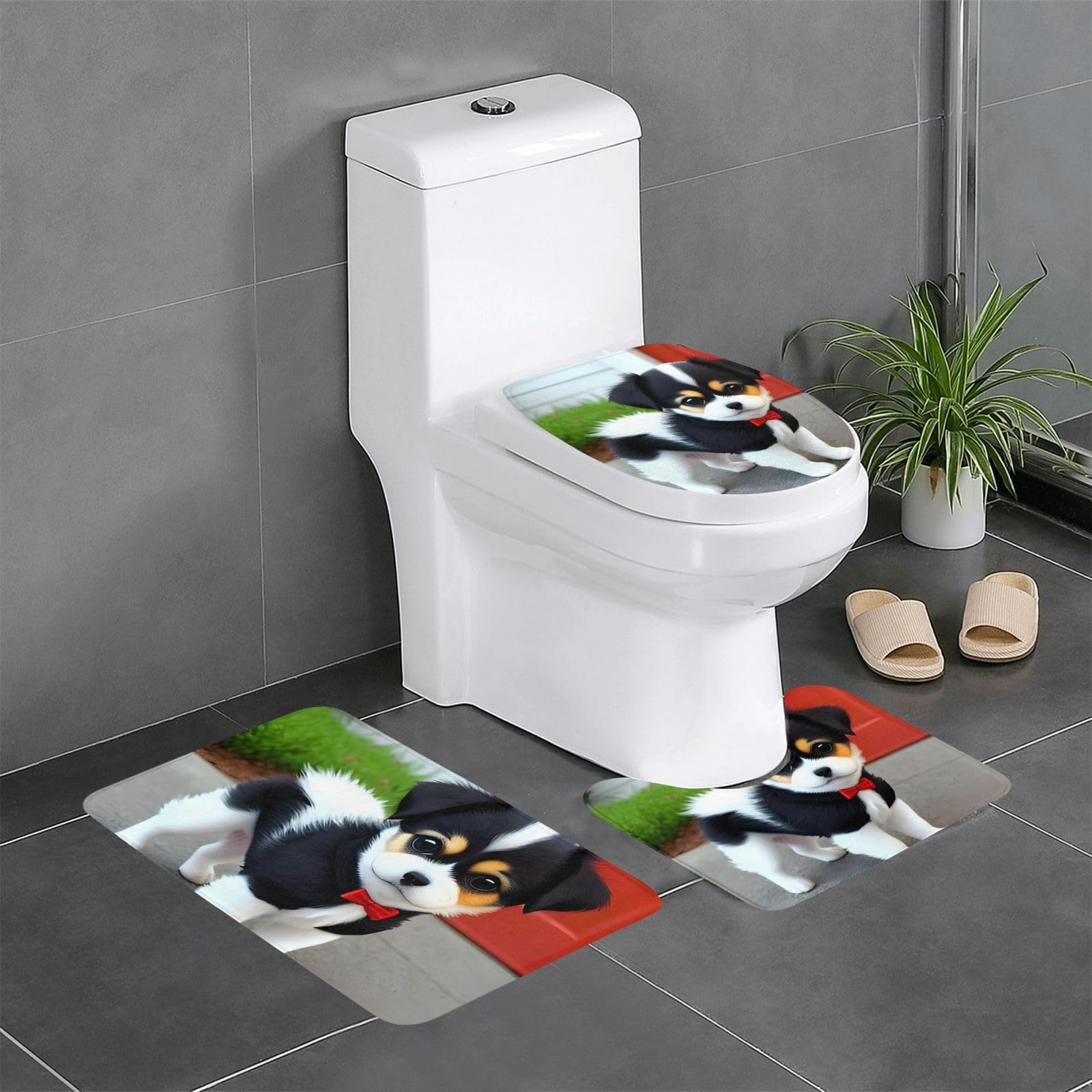 Tapis de bain absorbant et antidérapant lot de 3 motif chiot bicolore