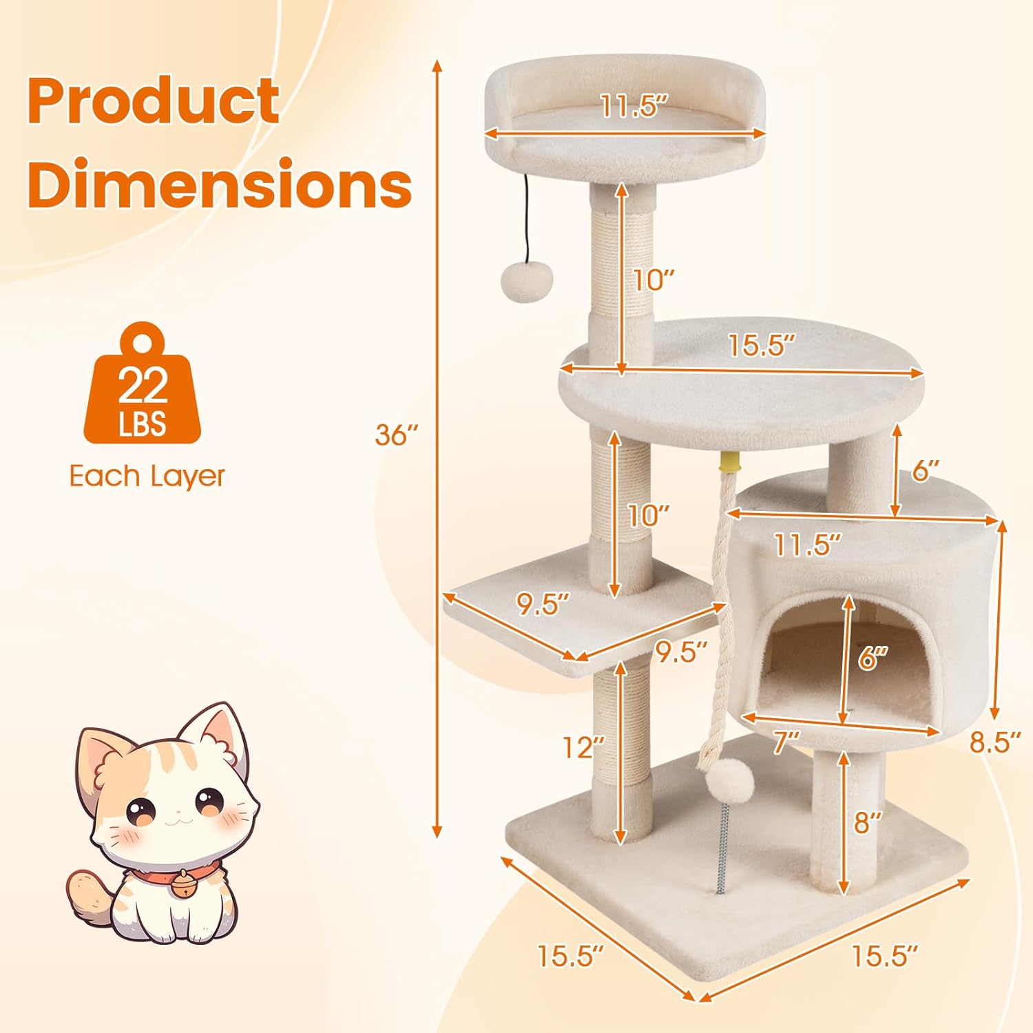 PETSITE 36-inch Multi-Level Cat Tree, with Sisal Scratching Posts, Comfy Top Perch, Cozy Condo, Playful Sisal Rope and Spring Ball, and Dangling Ball, Ideal for Indoor Cats and Kittens (Beige)