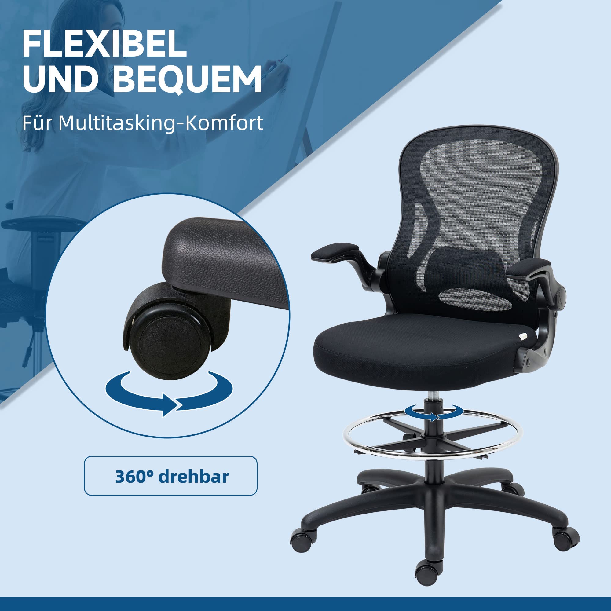 Vinsetto Bürostuhl Ergonomischer Zeichenstuhl 102-122 cm Schwarz | Mit Verstellbarem Fußring, Drehstuhl, Höhenverstellbarer Arbeitsstuhl, mit Rollen, Lendenwirbelstütze