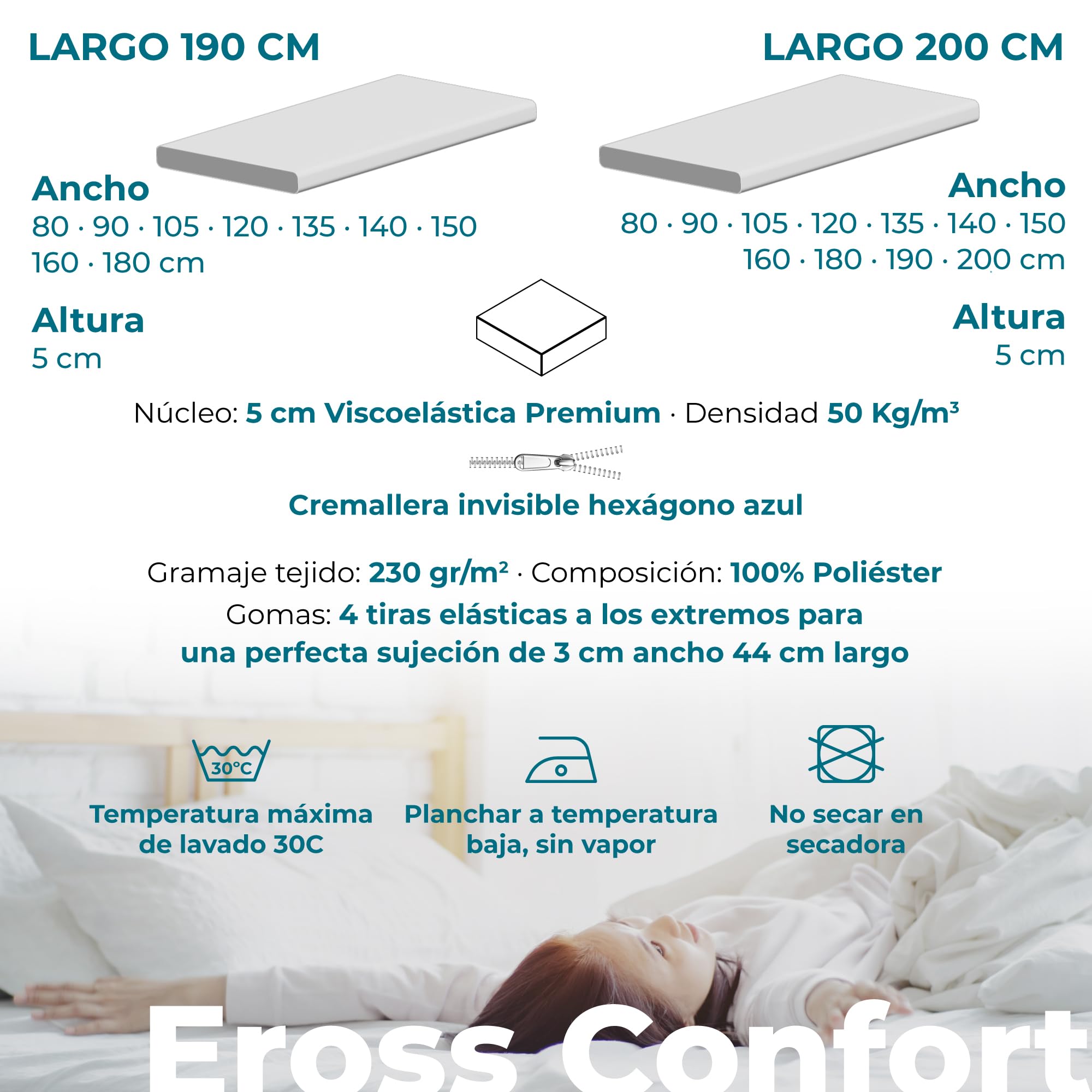 Topper 135x190 Núcleo 100% Viscoelástica Premium. Desenfundable, Cremallera Oculta y Lavable. Sobrecolchon Hipoalergénico y Transpirable. Fabricación Propia. Altura 5 cm.