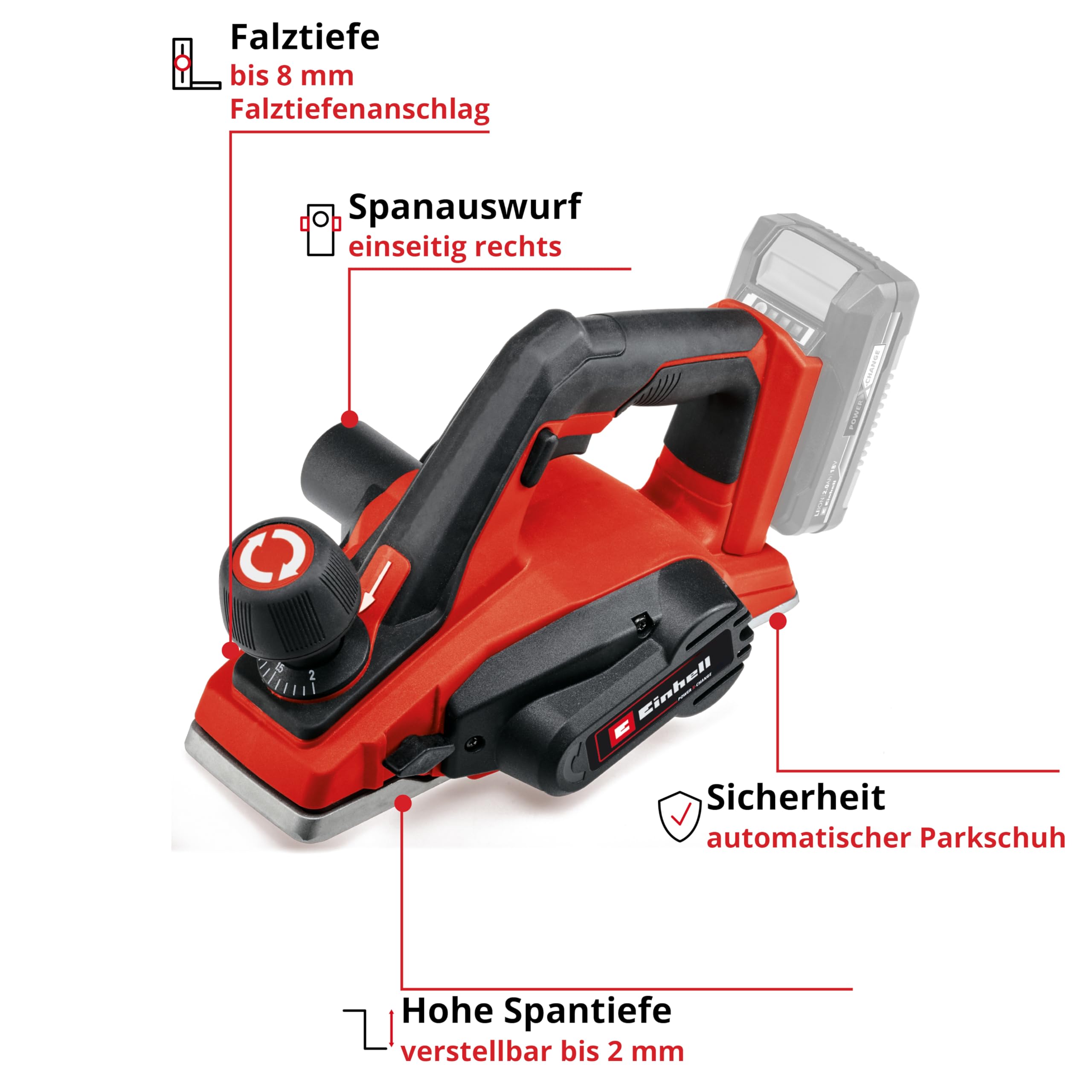 Einhell Akku-Hobel TE-PL 18/82 Li-Solo Power X-Change (18 V, 82 mm Hobelbreite, bis 2 mm Spantiefe, Falztiefen-/Parallelanschlag, autom. Parkschuh, inkl. 2x Wendemesser, ohne Akku)