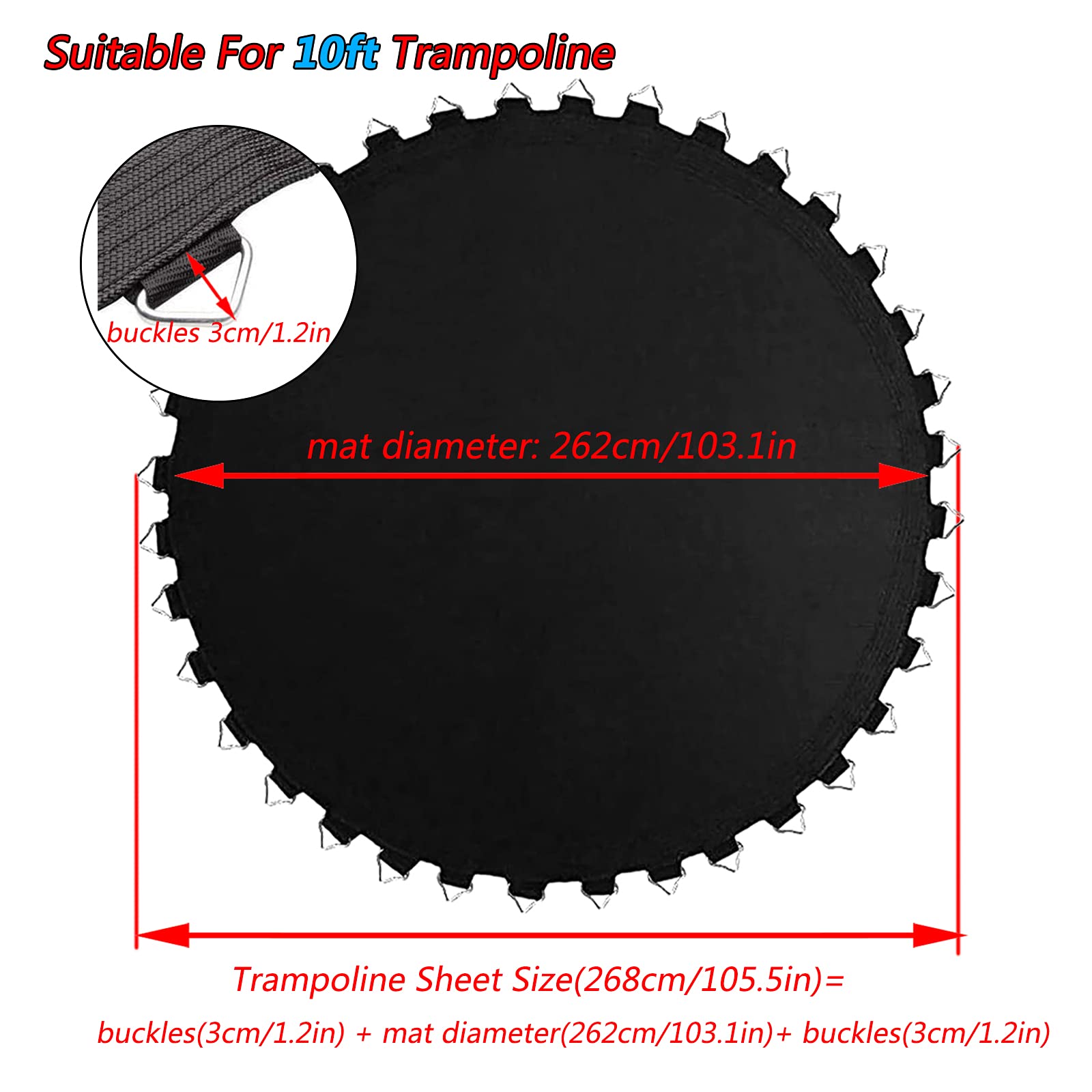 Tappeto Elastico Telo Ricambio Trampolino, Telo di Ricambio Trampolino, ø 305cm, 54/56/60/64 Occhielli, Tappeto da Salto per Trampolino da Giardino, Nero,10ft/56 Buckles