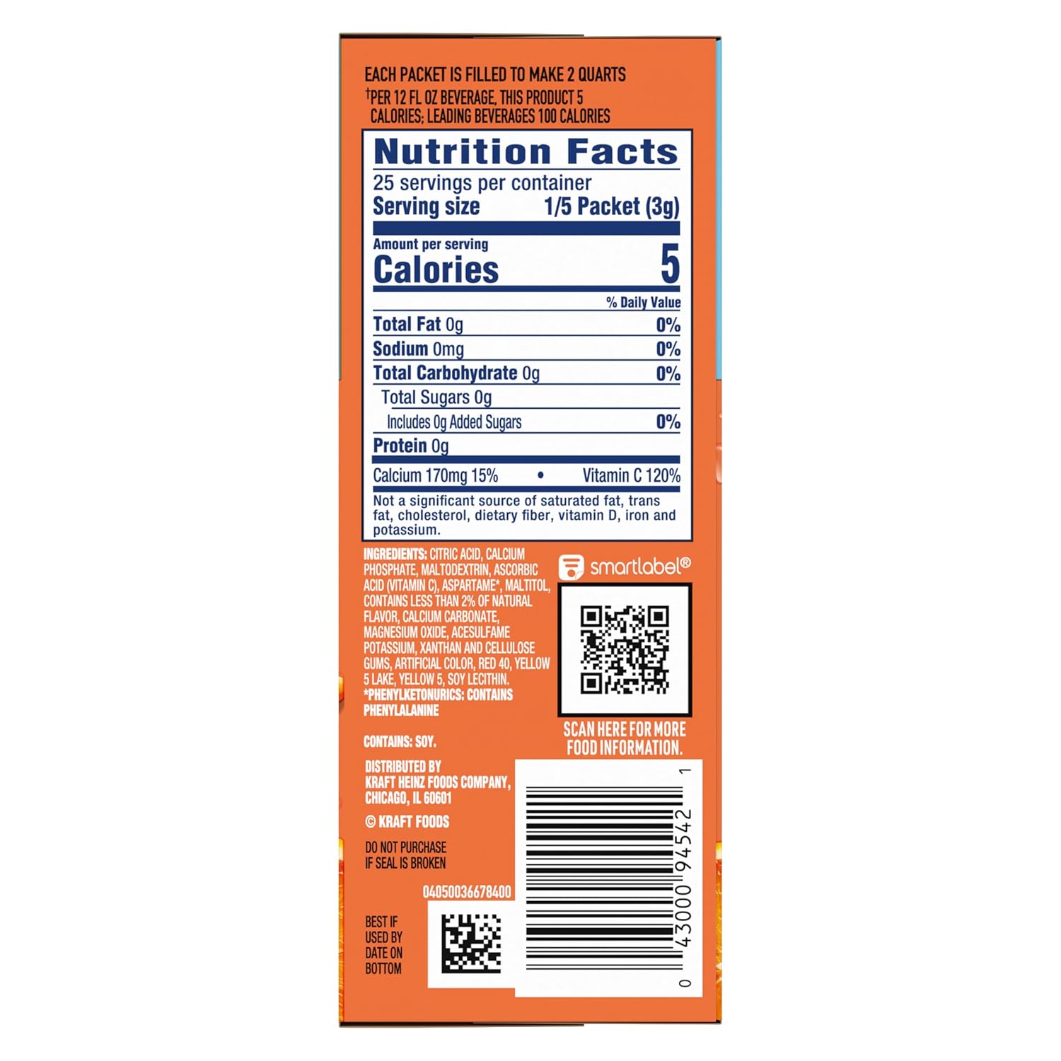 Crystal Light Classic Orange with Vitamin C & Calcium Drink Mix (20 Pitcher Packets, 4 Canisters of 5)