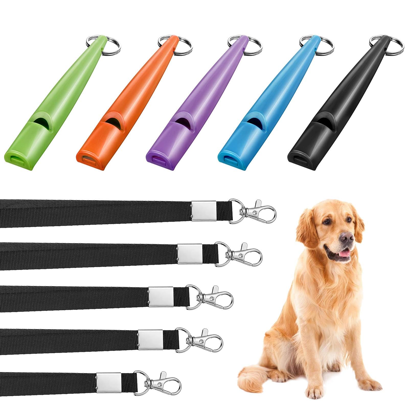 Excefore 5 Pcs High Pitch Plastic Dog Whistles for Recall Training, Dog Training Whistles with Lanyards and Key Rings