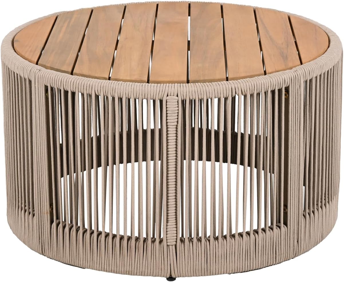 Outdoor Rattan & Acacia Wood Coffee Table - Weather Resistant for Patio, Balcony, Garden