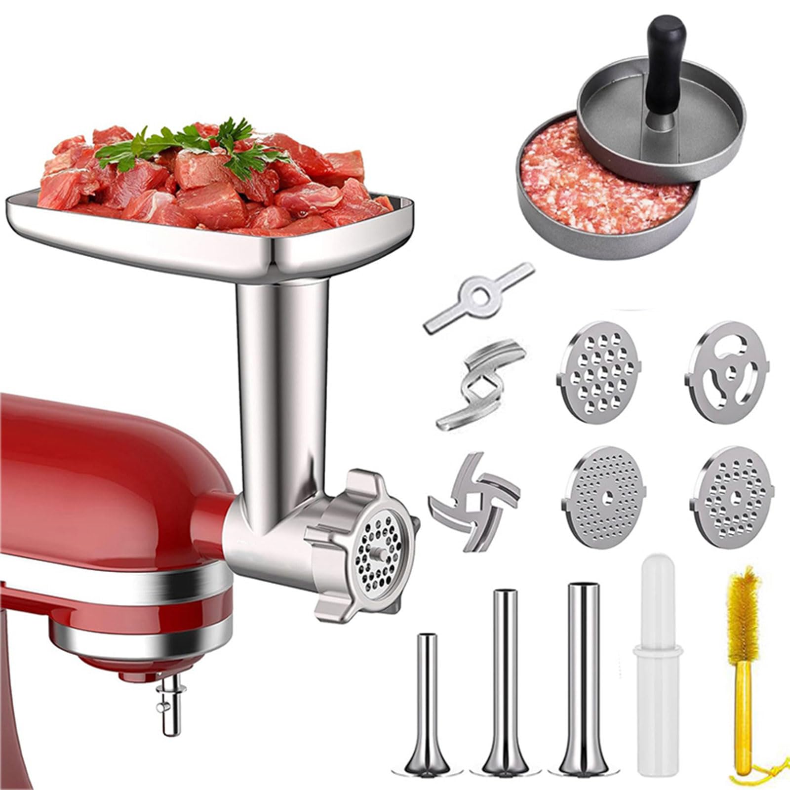 Buxuaaaa Multifunctional Food Processing Attachment Sausage Filling Tubes Grinding Plates Meat Grinder Attachment for Mixers Food Processing Accessory Set