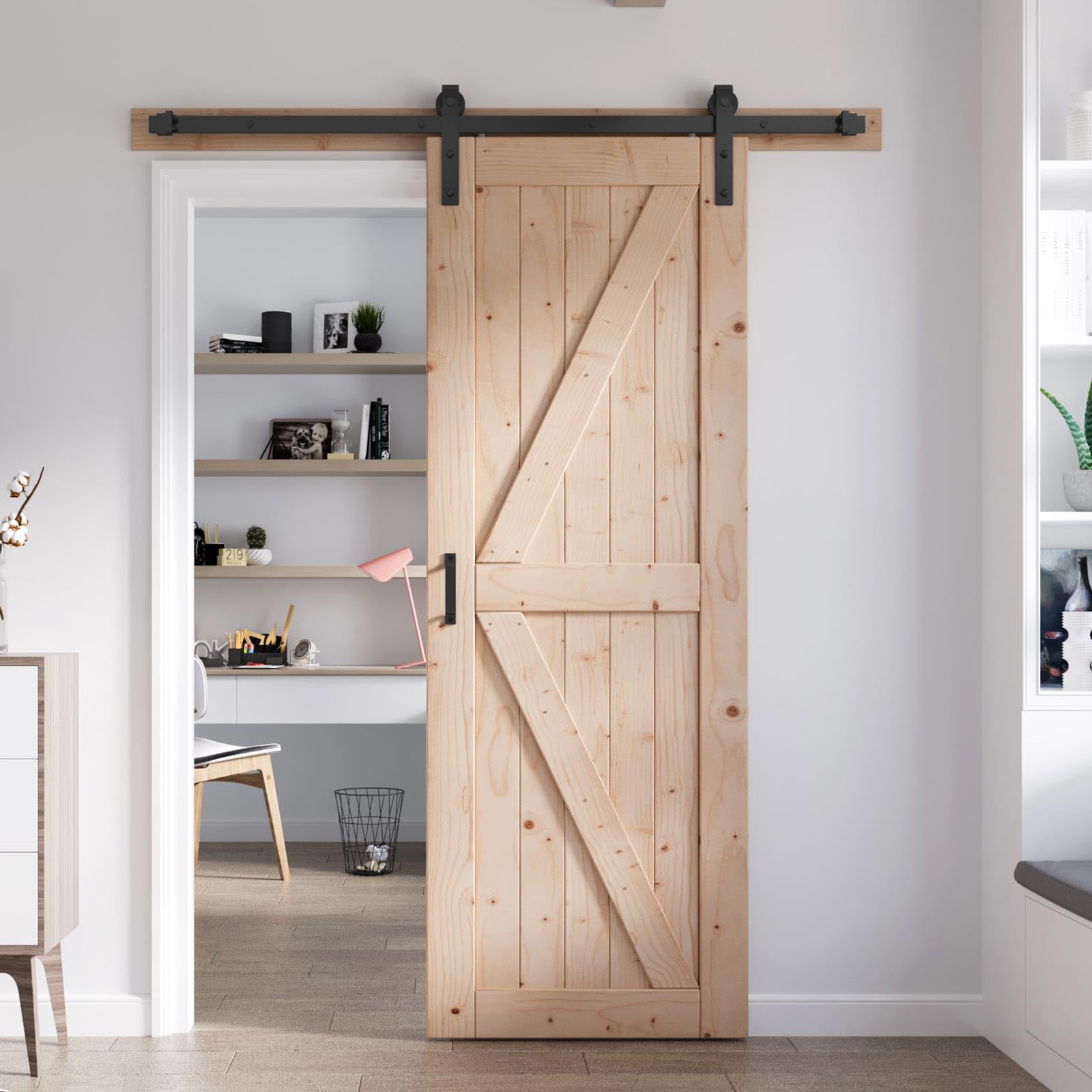 FREDBECK 28in x 84in Sliding Barn Door with 5FT Barn Door Hardware Kit Included Wood K Shape Solid Spruce Panel Need to Assembly