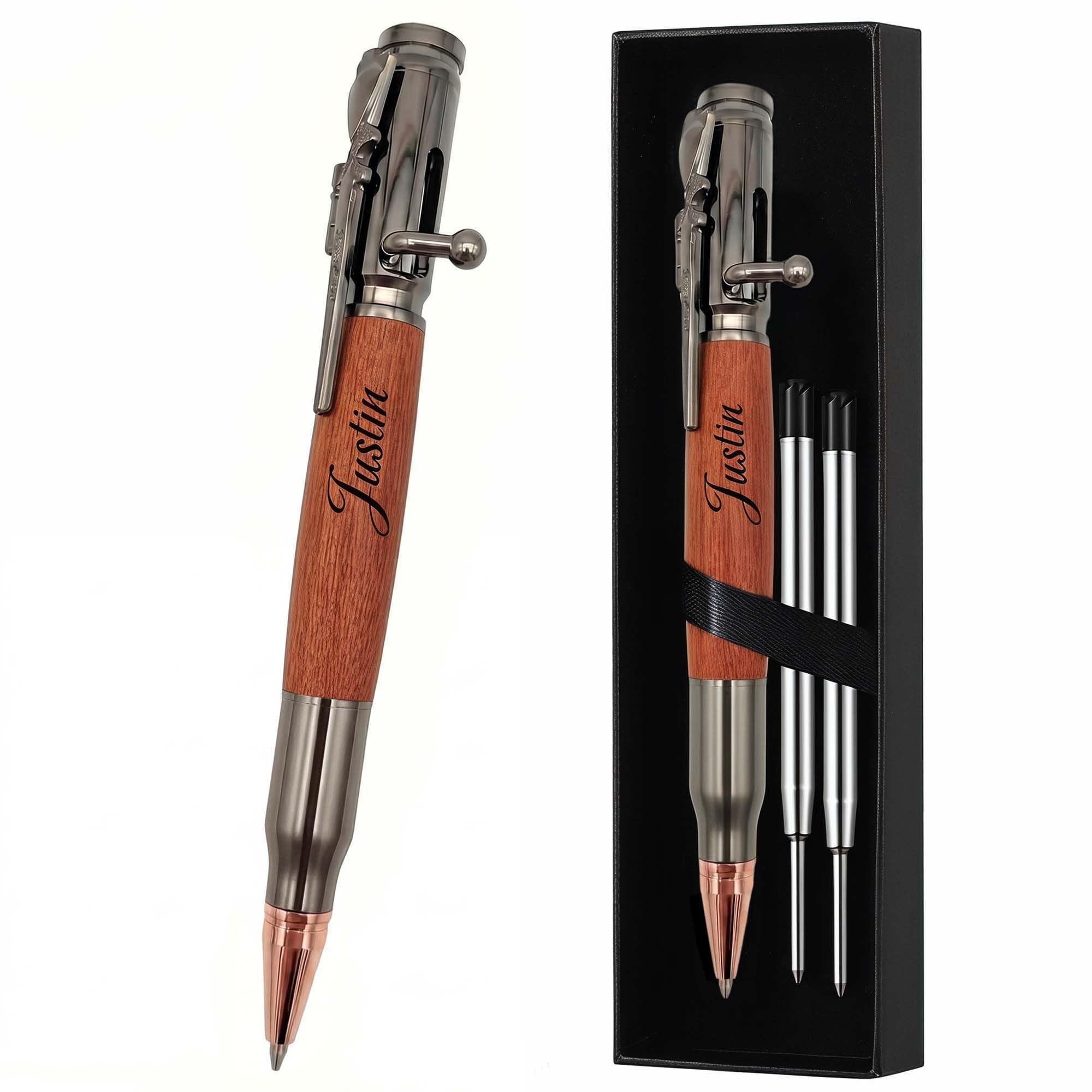 Blireana Personalized Bolt Action Pen, Free Engraved Wood Metal Ballpoint Pen with 2 Refills, Customized Pen with Name, Custom Gift for Birthday,