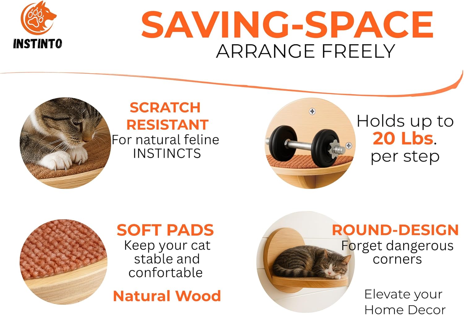 Cat Wall Shelves - Round Floating Cat Wall Steps with Scratch Pads, up to 20Lbs. Saving-Space Decorative Wall-Mounted Cat Furniture for Climbing, Playing & Resting - Solid Natural Wood by INSTINTO