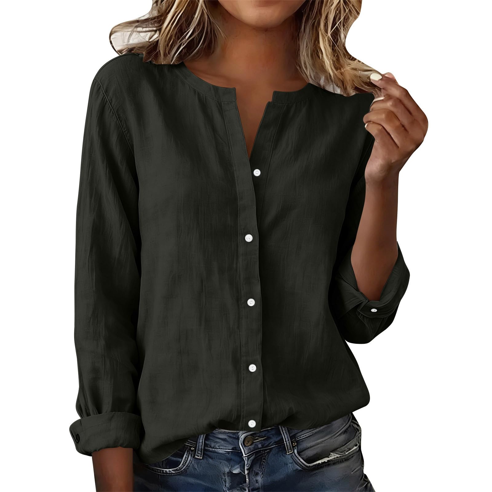 Leinenbluse Damen Sommer Langarm Rundhals Hemden Baumwolle Leinen Oberteil Knopfleiste Shirt Büro Casual Reisen Leinenhemd Lose Einfarbig Lässiges Leinenbluse Elegant Leicht Luftig Oberteil, S-XXL