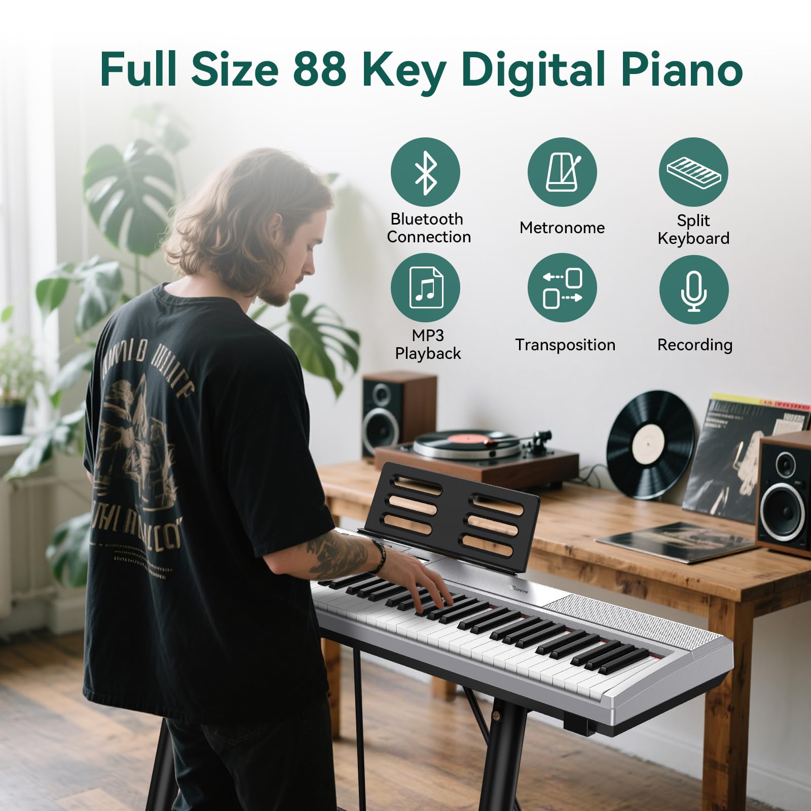 Rosen P51 Full Size Weighted Keyboard 88 Key Beginner Digital Piano, Tragbares E-Piano mit Sustain Pedal und Netzteil, Silber