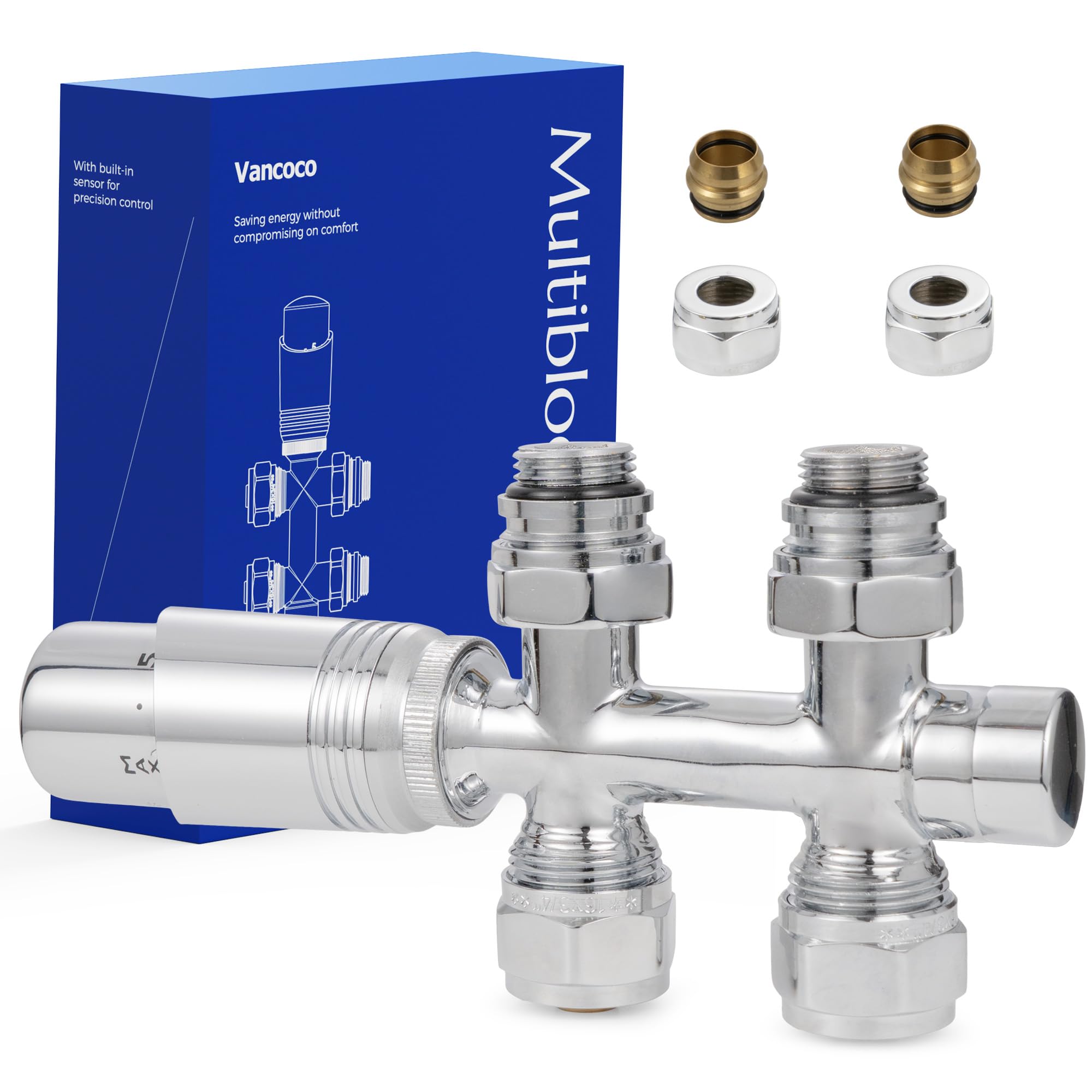 VANCOCO Multiblock con termostato per radiatori 50 mm, distanza mozzo, blocco rubinetto, set di rubinetti valvola a forma di passaggio con cono europeo per tubi in plastica Ø 16 × 2 mm e diametro 15