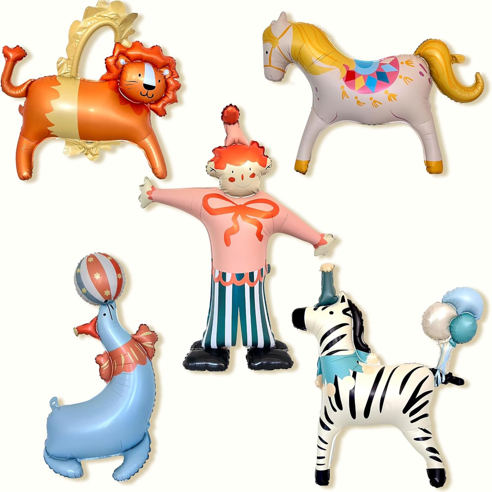 Juego de 5 globos de aluminio de pie con animales de circo, carrusel, león, cebra, león marino, payaso, decoración de fiesta temática de carnaval, para niños, cumpleaños, aula, evento de