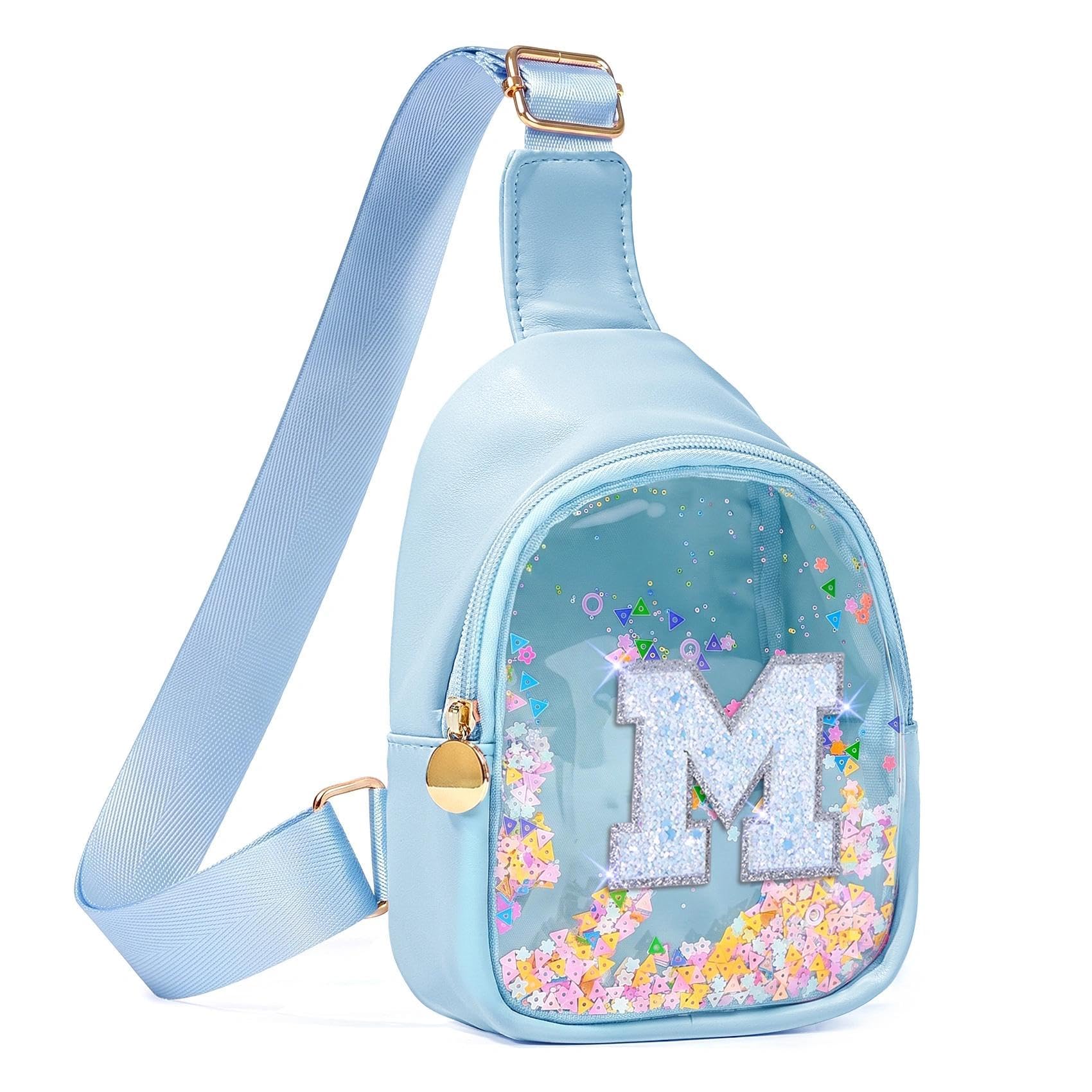 Custom Birthday Gifts Easter Basket Stuffers for Toddler Little Girls Preschool Kindergarten Kids Girl 2-6 Blue Purse Sling Bag, Fashion Spring Break Essentials Vacation Accessories Initial Letter M